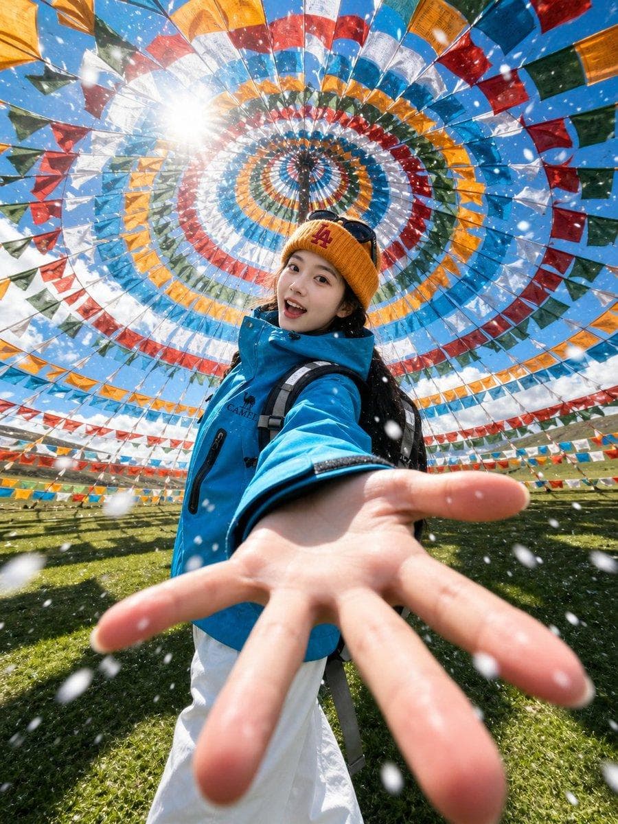 Asset type: portrait image for social post Primary request: create a photorealistic travel selfie portrait, using the uploaded portrait photo as the appearance reference for the person. Scene/backdrop: an open alpine meadow under a vivid blue sky, surrounded overhead by hundreds of colorful Tibetan prayer flags arranged in a circular spiral canopy, with distant green hills and bright daylight. Subject: a young woman with the recognizable facial structure, eyes, hairline direction, and natural skin texture from the uploaded portrait photo, wearing a bright cyan outdoor jacket, white hiking pants, a mustard yellow knit beanie, sunglasses resting on the hat, and a backpack. Style/medium: ultra-realistic mobile travel photography with a dynamic action-camera feel, crisp but natural detail, lively social-media adventure portrait. Composition/framing: vertical 3:4 frame, extreme wide-angle perspective, low-to-high selfie composition, one hand reaching toward the camera in the foreground with strong perspective enlargement, face in the midground, prayer flags forming a colorful radial tunnel above her head, energetic candid smile. Lighting/mood: brilliant high-altitude midday sun, visible lens flare near the upper left, sparkling backlight, bright optimistic mood, high clarity, realistic shadows on grass. Color palette: saturated cyan, mustard yellow, red, orange, green, white, and sky blue, clean contrast, sunlit alpine freshness. Textures/retouching: believable fabric texture, natural skin pores, realistic hair strands, clean optical sharpness on the face, shallow foreground hand blur, small falling snowflakes or white petals crossing the lens. Constraints: preserve the person's recognizable…