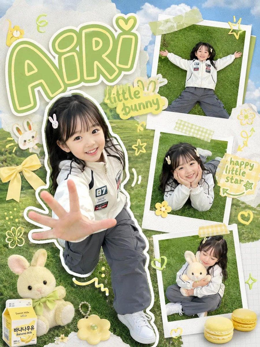 Kawaii scrapbook-style children photography poster, cute little girl with long black hair posing on green grass, wearing sporty gray and white outfit with bunny hair clips, pastel yellow and green theme, large playful bubble typography with name text, polaroid photo cutouts layered around the composition, plush bunny toy, banana milk box, macarons, ribbons, flowers and doodle graphics, hand-drawn hearts, stars and swirls, cheerful Korean…