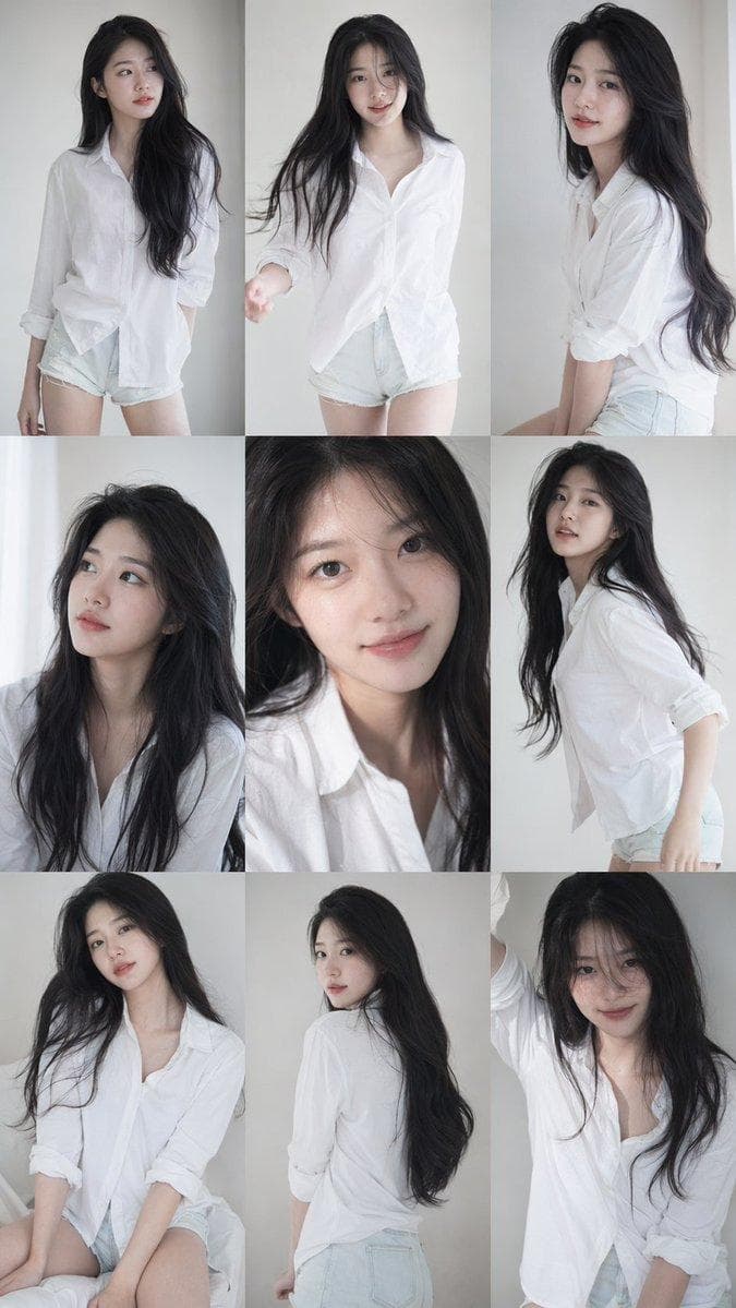 9:16 vertical — a 3x3 grid collage (nine images) forming a Korean idol portrait photoshoot series. Each frame features the same young Korean female idol, maintaining 100% consistency in facial features, proportions, hairstyle, and identity across all nine shots. Natural, ultra-realistic skin texture, no retouching, no smoothing. Clean idol-style minimal makeup, soft glow, subtle imperfections. Hair: long, voluminous dark hair, slightly tousled, consistent across all frames (natural loose flow, slight movement). Outfit: cohesive Korean idol photoshoot styling — white shirt + short bottoms (or simple neutral-toned outfit), youthful, clean, slightly casual but styled. Same outfit across all frames. Setting: minimal studio or simple indoor environment (plain wall, soft window light, clean background). Focus on subject, not environment. Lighting: soft diffused natural light, gentle highlights, low contrast, slightly airy tones, subtle film-like softness. Camera style: intimate portrait photography, slightly handheld feel, subtle imperfections (minor grain, slight blur in motion frames, imperfect framing). Frame breakdown (3x3 grid): Top row: - Top left: standing naturally, looking slightly away, relaxed expression - Top center: facing camera, casual mid-motion (hair or body slight movement) - Top right: slight side angle, soft gaze, natural candid feel Middle row: - Center left…