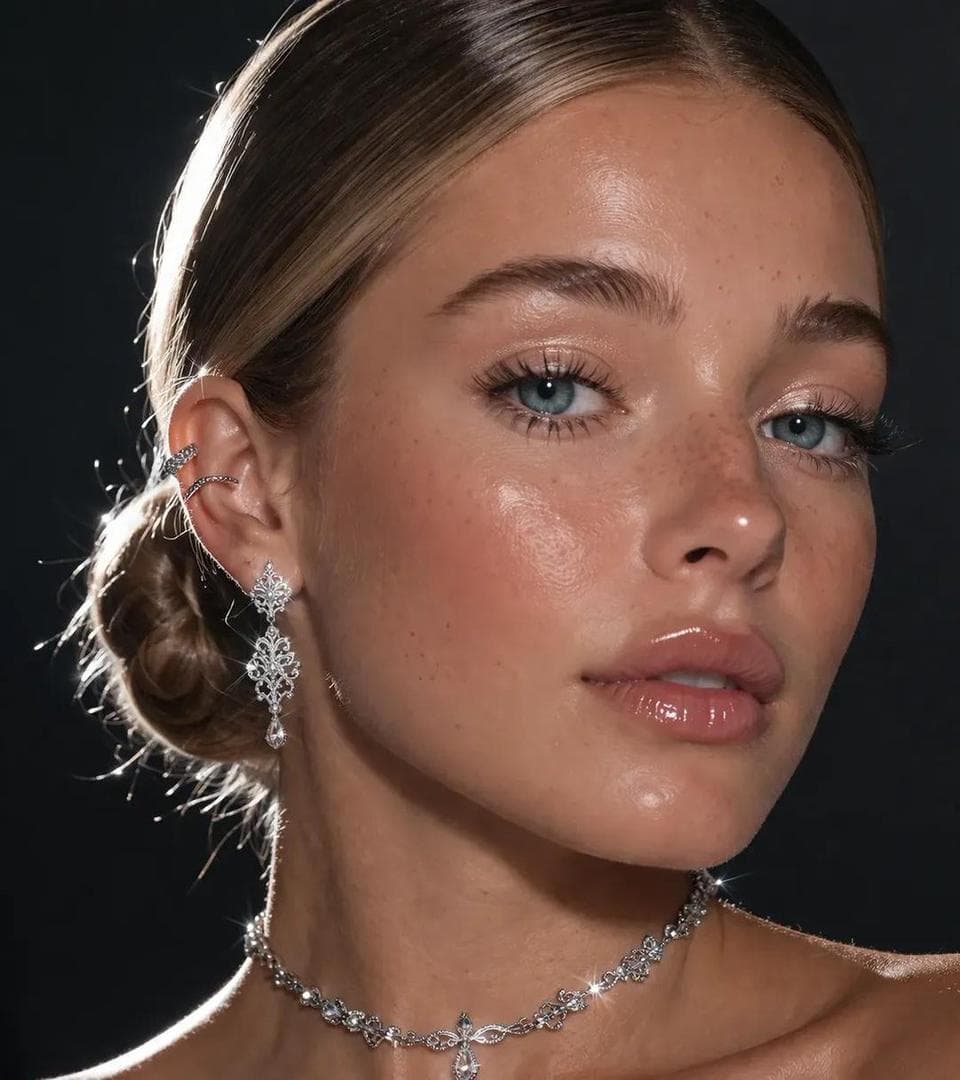 An extreme close-up focusing on a pretty lady's face and neck. She has blue eyes, she is wearing intricate silver jewelry and a sleek, middle-parted low bun with a high-shine finish. Her hair - dirty blonde hair, The makeup is "clean girl" aesthetic-dewy skin, clear gloss, and shimmering champagne…