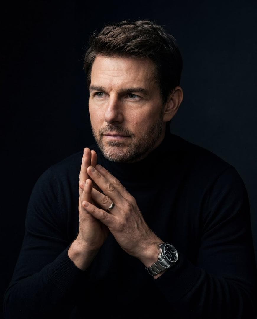 A hyper-realistic cinematic portrait of a man with short, textured hair and a well-groomed stubble beard, captured in a dark, moody 'night mode' aesthetic. The man is sitting in a contemplative pose, hands clasped together near his chest, fingers interlaced, with his gaze directed thoughtfully off-camera to the left. He is wearing a premium black high-neck turtleneck sweater and a silver-link luxury wristwatch on his left wrist, with a simple band on his right ring finger. The lighting is dramatic and controlled: a soft rim light outlines his silhouette against an almost pitch-black, shadow-drenched background, while a subtle, soft key light illuminates his face and hands. Shallow…