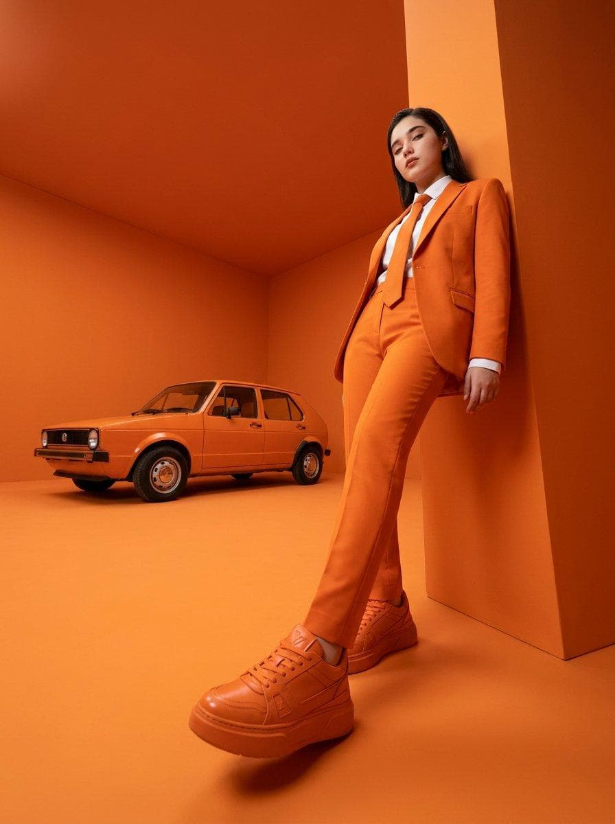 High-fashion editorial photography of a woman with the uploaded face as reference, leaning casually against a geometric orange wall with her right leg extended forward. She wears a tailored bright orange suit, matching tie, crisp white shirt, and chunky orange sneakers. Her styling is sleek and confident, with a modern, polished look. The environment is a surreal, minimalist room with seamless orange surfaces, featuring a vintage orange hatchback parked mid-ground left. Captured from a low-angle using a 24mm wide-angle lens for strong forced perspective, emphasizing the foreground sneaker with a…