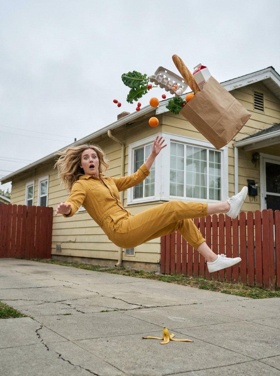 { "style": "cinematic realism, surreal moment frozen in time", "scene": "a suburban street in front of an old slightly worn house with muted yellow walls, white window frames, and a red wooden fence, overcast daylight with soft diffused lighting", "subject": { "type": "young woman", "appearance": "blonde hair mid-motion, slightly messy, expressive shocked face with wide eyes and open mouth", "outfit": "mustard yellow jumpsuit, white socks with stripes, white sneakers", "pose": "falling backward in mid-air, body tilted diagonally, one leg raised high, arms flailing for balance", "emotion": "surprised, chaotic, comedic panic" }, "action": "a grocery bag has exploded mid-air, items floating above her as if gravity paused for a split second", "objects": { "floating_items": [ "brown paper grocery bag", "kale leaves", "cherry tomatoes", "oranges", "egg carton", "baguette bread", "milk carton" ], "ground_element": "a banana peel on the sidewalk directly below her, implying the cause of the fall" }, "environment": { "foreground": "concrete sidewalk with subtle cracks and dirt", "midground": "red wooden fence", "background": "vintage suburban house with slightly weathered texture, curtains visible in windows, greenery on the sides" }, "camera": { "angle": "low angle, slightly tilted upward to enhance the floating effect", "lens": "35mm cinematic lens", "focus": "sharp focus on subject, slight depth of field blur on background", "framing": "subject centered with floating objects forming a loose arc above" }, "lighting": { "type": "natural overcast daylight", "quality": "soft shadows, diffused light, realistic skin tones", "direction": "top-front lighting" }, "motion": {…