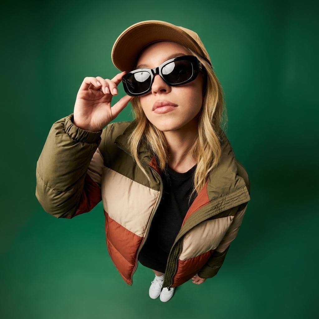 Convert uploaded photo into ultra-wide 10mm fisheye portrait from dramatic high top-down angle with strong perspective distortion (larger head, compressed body). Add black oversized sunglasses and plain white cap, right hand adjusting cap, confident upward gaze. Color-block puffer jacket (burnt…