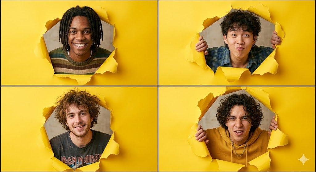 A high-resolution 2x2 grid collage of four individual portraits. In each square, a different young man peeks through a jagged, ripped hole in bright yellow seamless paper. The subjects have a 1990s indie-pop aesthetic with diverse hairstyles, including messy curls and dreadlocks. The lighting is soft and even, typical of a professional studio photoshoot. The color palette is dominated by the vibrant yellow paper against a neutral beige background visible through the tears. Cinematic quality, sharp focus, 8k resolution, editorial photography style. Key Elements Breakdown If you want to tweak the result, here are the specific descriptors that make this style work: Composition: 2x2 grid collage, quad split…