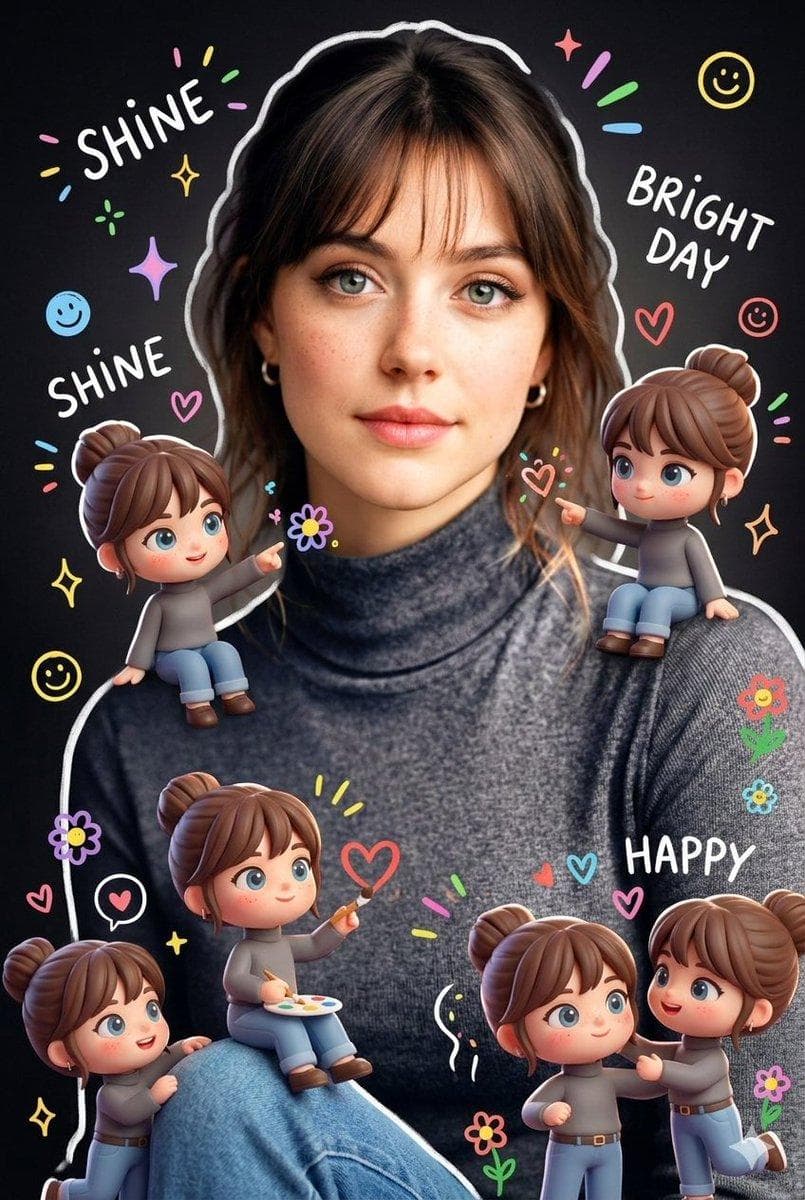 Surrounding the realistic main subject are multiple cute, 3D-style chibi miniatures of the same person, with identical facial features, hairstyle, body proportions, and outfit. The chibi figures are naturally distributed around the subject, interacting playfully with her or nearby elements in a charming, non-intrusive way. Overlay the image with vibrant, hand-drawn doodle effects: soft white outlines around the subject, playful sparkles, doodle hearts, tiny flowers, smiley icons, and floating white handwritten phrases like…