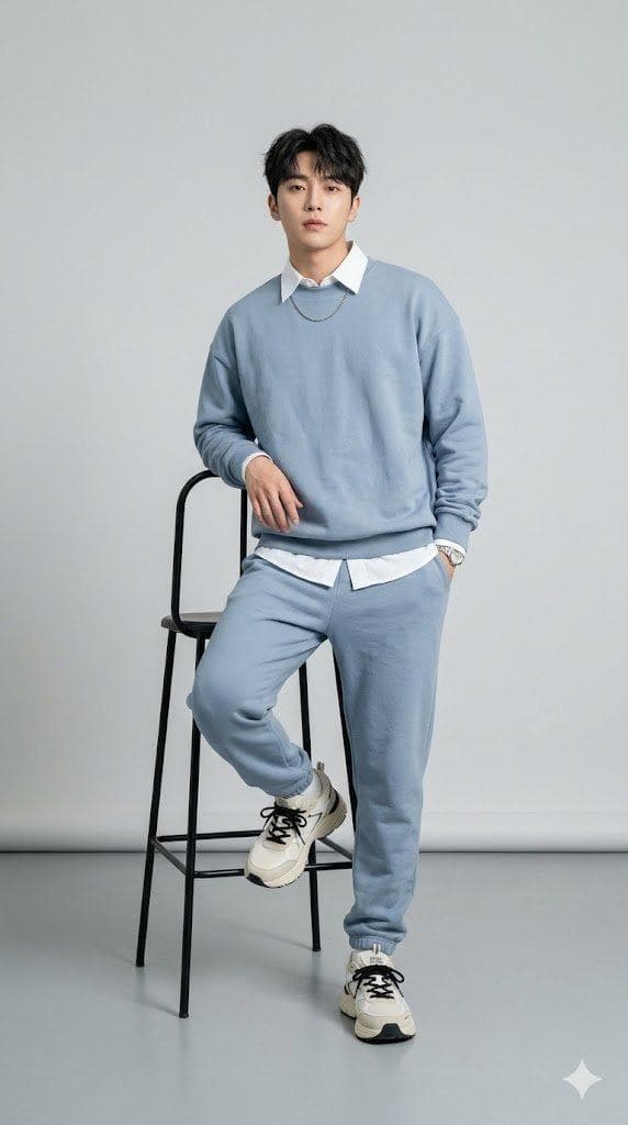 Subject & Pose Full-body studio fashion photography of a young East Asian man with styled, dark, textured hair. He is leaning against a tall, slender black metal barstool, posing with one foot resting on the floor and the other leg bent at the knee. His expression is calm and neutral, looking directly at the camera. Outfit & Styling Top: A light dusty blue oversized crewneck sweatshirt layered over a crisp white collared button-down shirt, with the collar and hem visible.Bottoms: Matching light dusty blue jogger-style sweatpants.Footwear: Chunky cream and white athletic sneakers with black laces and subtle grey accents. Technical Specifications Lighting: Soft, even studio lighting with minimal shadows to…