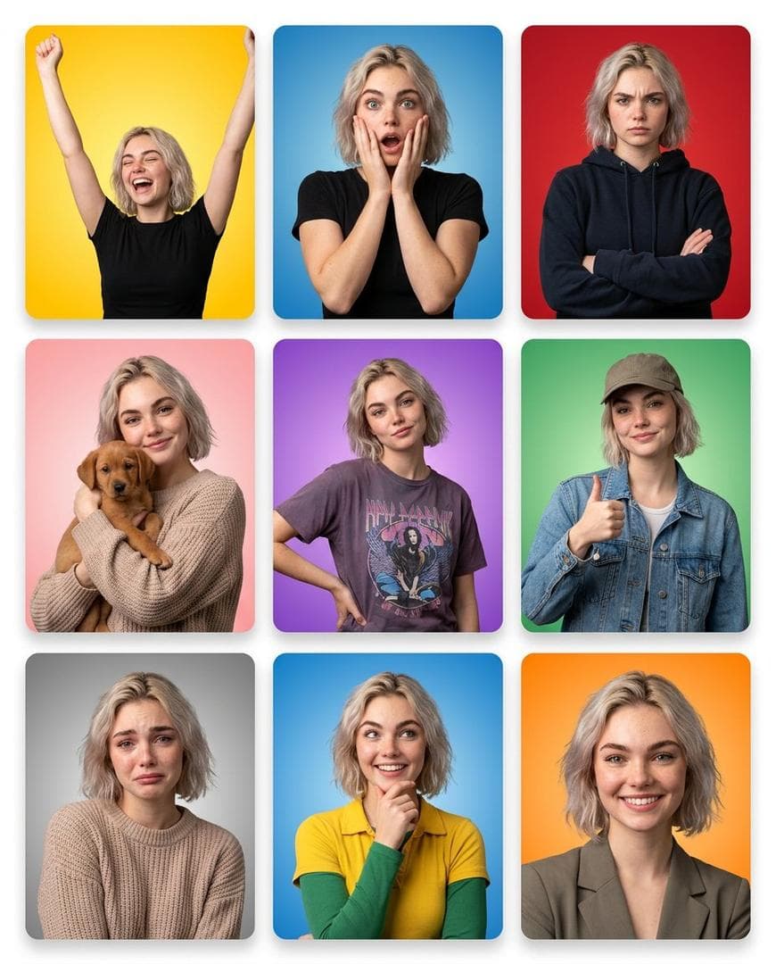 Panels are NOT edge-to-edge Visible thin white spacing between panels Subtle outer white margin around the entire grid clean modern UI-style layout Slight rounded corners on each tile Panel 1 — Joyful / Celebratory (Yellow) Bright yellow gradient background Arms raised Eyes closed Big open laugh Energetic posture Panel 2 — Shocked (Blue) Blue gradient background Hands on cheeks Wide eyes Open mouth Raised brows Panel 3 — Serious / Stern (Red) Red background Arms crossed Furrowed brows Neutral tight lips Wearing dark hoodie Panel 4 — Affectionate (Pink) Soft pink gradient Holding small brown puppy Gentle smile Cozy knit sweater Panel 5 — Confident / Sassy (Purple) Purple gradient background One hand on hip…