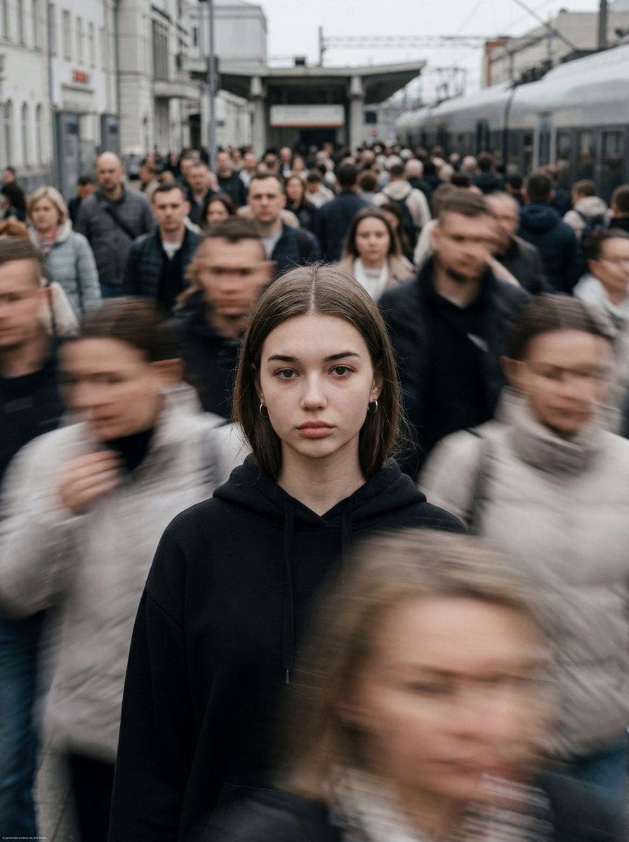 Cinematic motion-blur photography shot on a Leica SL3 with a 50mm Summilux at f/2.8, captured from a chest-level frontal angle using slow shutter panning. Lighting setup: flat overcast daylight acting as soft diffusion, allowing long blur trails without harsh contrast. Color tone: muted concrete greys and pale skin neutrals inspired by A24 films. Subject: a Gen-Z female model standing completely still, sharp eyes, symmetrical face, real skin pores visible, wearing understated fashion. Crowd action: hundreds of commuters rushing past in all…