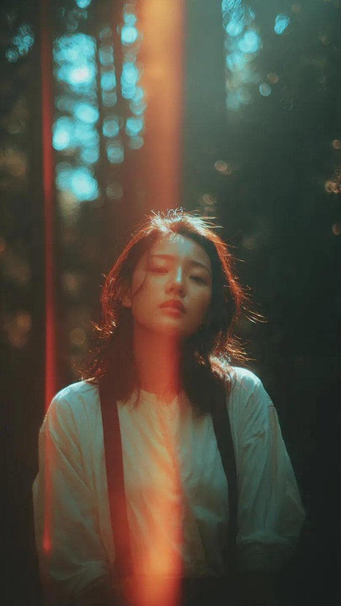 A cinematic portrait of an Asian woman standing in a quiet forest, captured in a spontaneous moment as she turns her head slightly back toward the camera. Soft sunlight filters through tall trees, creating dramatic patches of light and shadow across her face and body. A distinct vertical light leak streak cuts through the frame, adding a striking analog imperfection. Her hair moves gently in the breeze, with loose strands catching the light, adding natural motion and softness. She wears a simple light-colored blouse layered with dark suspenders, creating a subtle contrast against the deep forest tones. Her expression is calm, slightly distant, and introspective, with her eyes softly meeting the camera. The background is filled with blurred tree trunks and glowing bokeh highlights, creating depth and atmosphere. The color grading features rich teal shadows and…