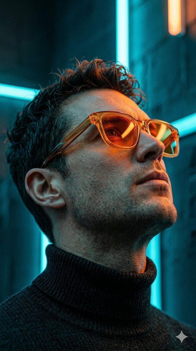 A man, likely in his early thirties with facial proportions, structure, and overall appearance inspired by the reference, captured in full sharp detail and natural skin texture, hyper-detailed, cinematic close-up profile portrait, vertical orientation, extreme low-angle (worm's-eye view), focusing on the face from the neck up. The man gazes upward with a serious, intense expression. He has dark, short, slightly tousled hair, catching subtle highlights. His facial features are sharply defined, with a strong jawline and natural stubble. Skin texture is realistic, showing pores, subtle imperfections, and natural subsurface scattering. Clothing & Accessories: He wears a high-collared, dark turtleneck that absorbs light, creating a strong contrast against the illuminated face. He has large, round, retro-futuristic sunglasses with thick, transparent or light-colored frames and intensely bright orange lenses. The sunglasses reflect the ambient and primary lighting naturally. Lighting & Color: Extreme, high-contrast neon lighting with complementary color scheme. Primary light is intense, warm orange/amber emanating from the sunglasses direction, illuminating the nose bridge, cheekbones, and frame edges. Secondary ambient light is cool cyan-blue, providing deep backlight and shadow fill. Shadows are deep indigo and ultramarine, producing strong chiaroscuro, with the subject’s face partially obscured by cool shadows but punctuated with warm orange highlights. Volumetric light subtly interacts with hair and glasses for realism. Composition & Perspective: Low-angle close-up emphasizing upward gaze, strong jawline, and facial structure. Solid cyan-blue background ensures the subject…