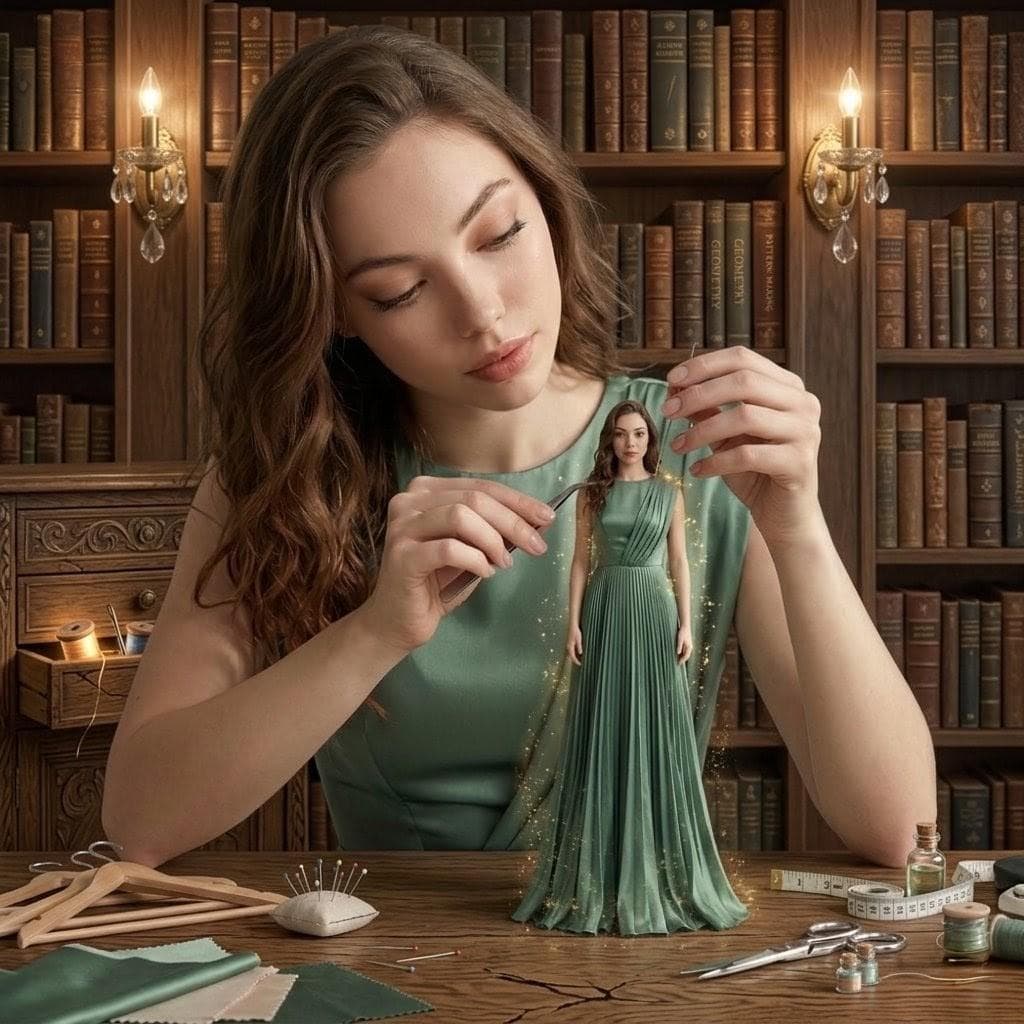 A hyper-realistic cinematic scene of a young woman sitting at a wooden desk in a vintage library filled with old books. She is delicately holding and adjusting a tiny miniature version of herself standing on the table. The miniature woman wears an elegant flowing green dress with fine fabric details and subtle glowing particles around her. The larger woman looks focused and gentle, as if crafting or designing the tiny figure. Soft warm lighting from vintage wall lamps creates a cozy atmosphere…