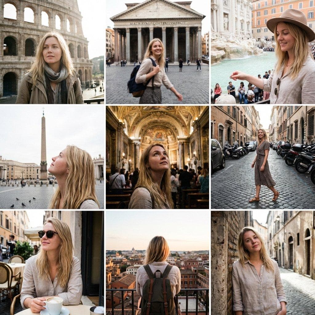 { "Objective": "Create a 3x3 Instagram-style grid of low-quality smartphone photos featuring the same extremely beautiful blonde woman traveling in Rome, capturing iconic landmarks with a natural, unfiltered aesthetic.", "Composition": { "layout": "3x3 grid", "aspect_ratio": "1:1", "framing": "each square is a different candid moment, forming a cohesive Instagram profile layout" }, "Subject": { "type": "young woman", "appearance": { "hair": "blonde", "beauty": "extremely beautiful, natural attractiveness", "skin": "realistic skin texture, no glossiness, no smoothing", "makeup": "minimal, natural look", "expression": "candid, relaxed, travel lifestyle expressions" }, "consistency": "same woman across all 9 photos" }, "Scenes": [ { "position": "top left", "location": "Colosseum", "pose": "standing casually, looking away" }, { "position": "top center", "location": "Pantheon", "pose": "walking or mid-step candid" }, { "position": "top right", "location": "Trevi Fountain (Love Fountain)", "pose": "throwing coin or smiling softly" }, { "position": "middle left", "location": "Vatican Obelisk (St. Peter’s Square)", "pose": "looking up at architecture" }, { "position": "middle center", "location": "Sistine Chapel", "pose": "looking upward, subtle awe expression" }, { "position": "middle right", "location": "Roman city street", "pose": "walking candid, street lifestyle" }, { "position": "bottom left", "location": "Roman cafe street", "pose": "sitting casually, relaxed" }, { "position": "bottom center", "location": "panoramic cityscape viewpoint", "pose": "back facing camera, overlooking city" }, { "position": "bottom right", "location": "historic Roman alley or landmark", "pose": "leaning or standing naturally" } ], "Photography": { "camera": "smartphone", "style": "Instagram casual travel", "quality": "intentionally low…