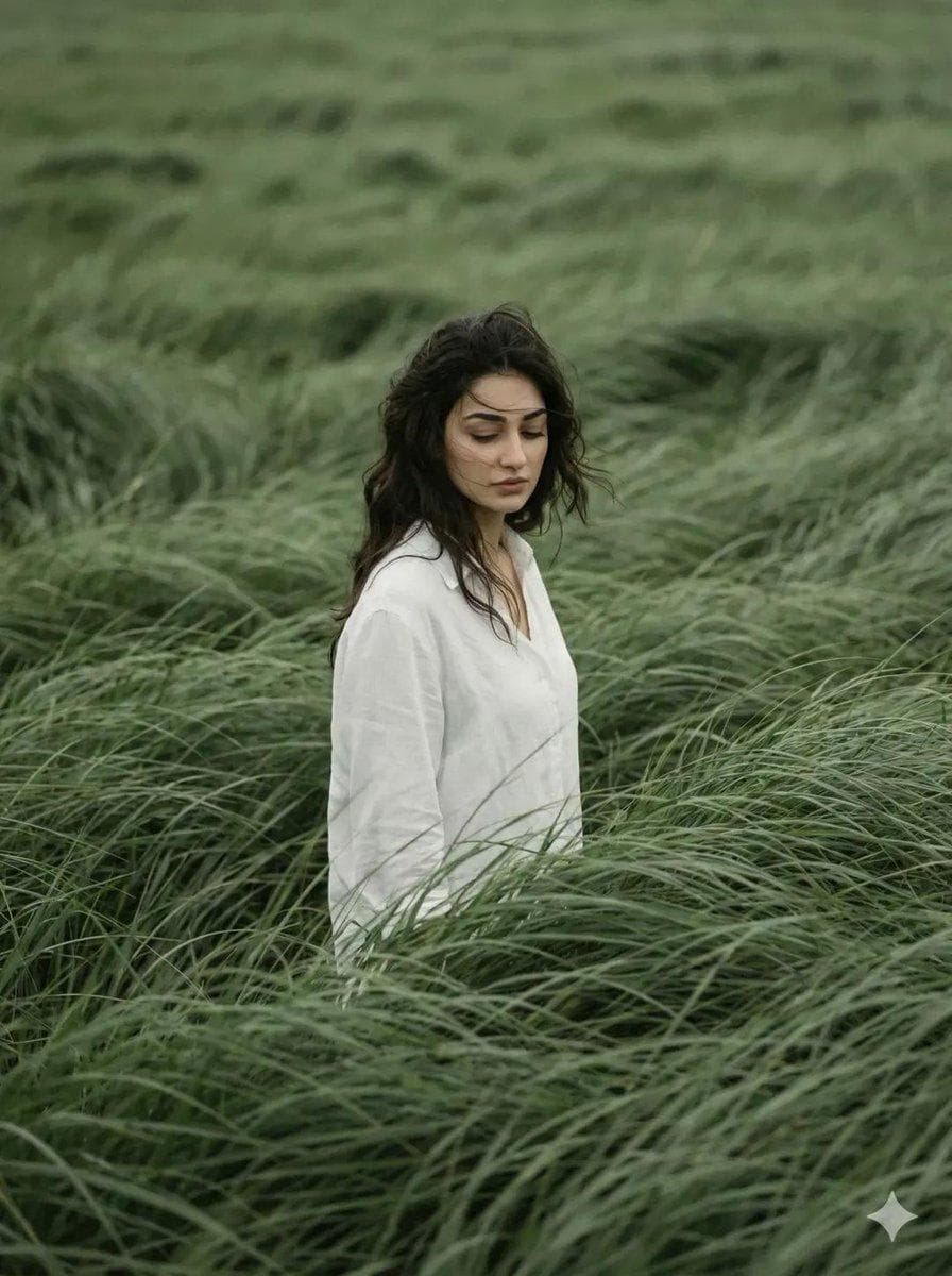 Create a 3:4 cinematic, atmospheric editorial portrait using the attached photo as the exact face and identity reference. A solitary man/woman stands alone in the middle of vast, wind-swept sage green grass fields. Tall grass surrounds the subject completely, flowing in strong currents like ocean waves, partially obscuring the body and creating motion,depth, and solitude. The subject wears a simple, loose white shirt that softly contrasts with the rich green landscape. Dark hair is slightly messy, with natural strands moving in the wind. The head is gently tilted downward, eyes cast toward the ground, conveying a quiet, introspective, melancholic mood. Expression is calm, distant, and emotionally restrained. Compose the frame slightly off-center, from a subtle elevated angle. No visible horizon, the frame is fully immersed in grass texture. Use a muted natural…