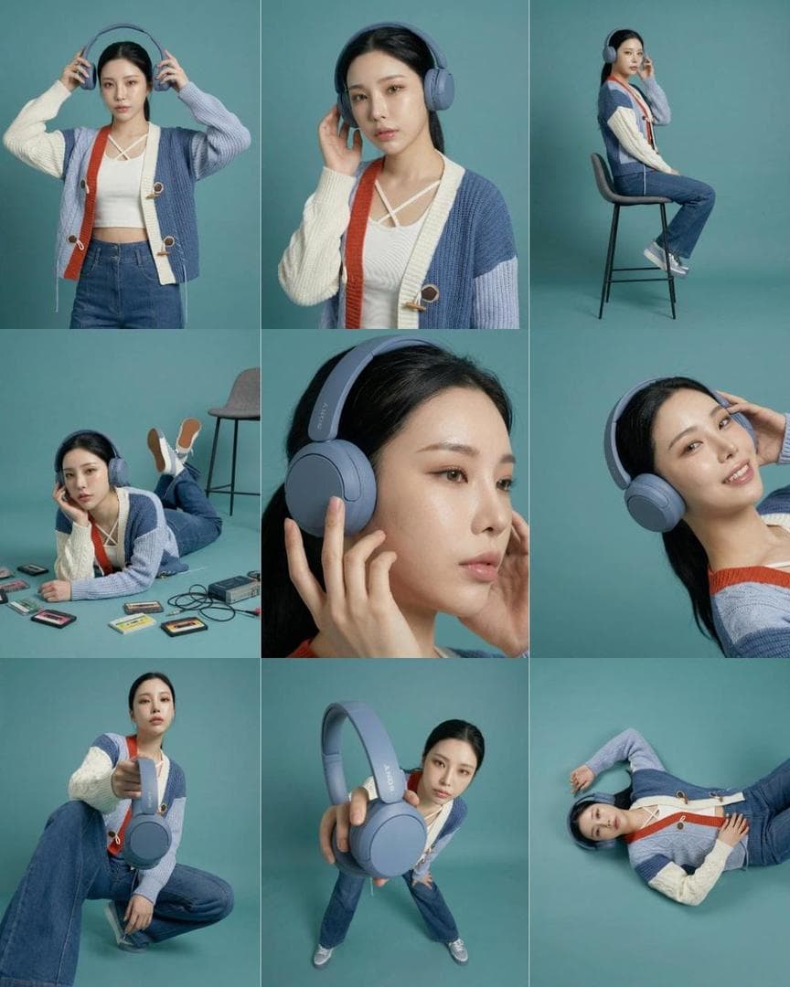 3×3 storyboard grid, nine panels, same subject and outfit, consistent teal studio background, soft diffused lighting, clean editorial lifestyle photography young East Asian woman, natural makeup, black hair tied back, wearing white fitted top, blue/cream color-block cardigan with red strap, blue jeans, sneakers, pastel blue over-ear wireless headphones panel sequence (left→right, top→bottom): 1 standing adjusting headphones, front view 2 close-up portrait touching earcup 3 side profile sitting on tall stool 4 lying on stomach with cassette tapes + retro player 5 extreme close-up headphones + face detail 6 tilted head smiling portrait 7 low-angle crouch…
