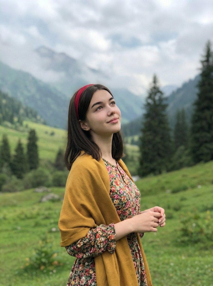 { "image_generation": { "subject": { "description": "young woman standing in a lush green mountain valley", "pose": "standing naturally with hands gently together, looking slightly upward", "expression": "calm, peaceful, soft smile", "gaze": "looking toward the sky" }, "appearance": { "hair": { "color": "dark brown", "style": "straight, shoulder-length with a red headband" }, "face": { "skin_tone": "fair and natural", "makeup": "minimal, natural makeup" } }, "outfit": { "top": "traditional patterned dress with colorful floral design", "outerwear": "mustard yellow shawl draped over shoulders" }, "environment": { "setting": "green mountainous landscape", "background_elements": [ "rolling green hills", "tall pine trees", "misty mountains", "cloudy sky", "grassy field" ] }, "lighting": { "type": "natural outdoor light", "quality": "soft and diffused", "time"…
