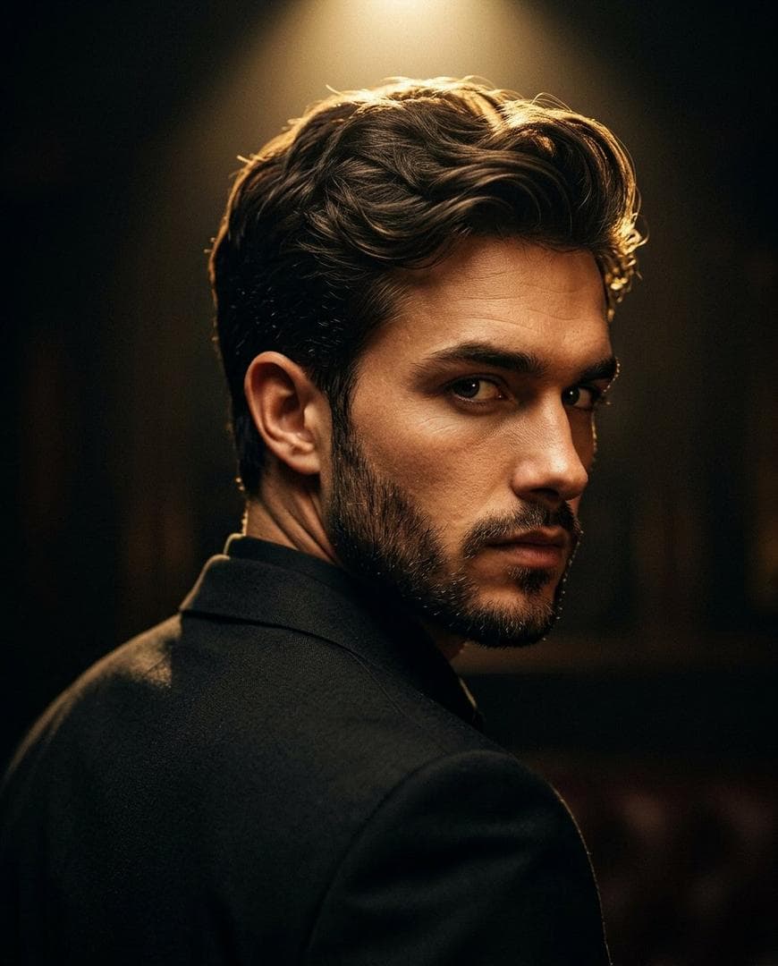 Ultra-realistic cinematic portrait of a stylish man in a black suit, captured from behind with his head turned over his shoulder, giving a sharp, intense look toward the camera. Short textured hair with subtle highlights, well-groomed beard. Dramatic spotlight from above creating a warm golden…