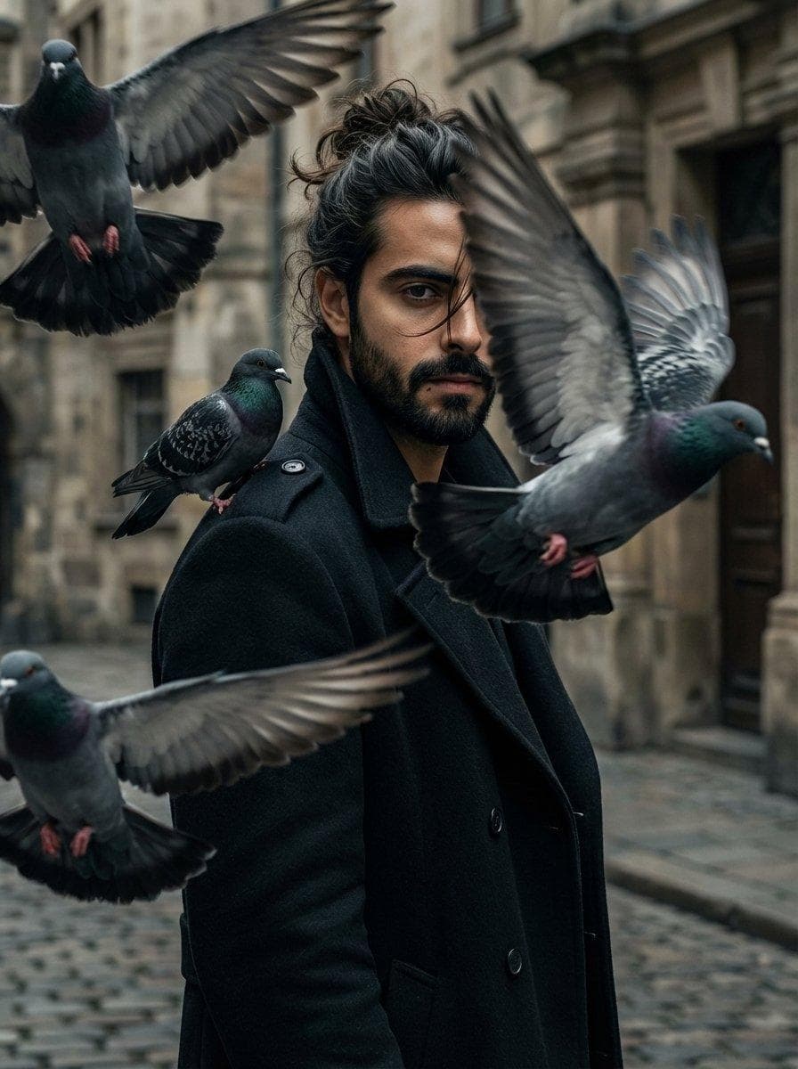 48k Hyper-realistic, A cinematic portrait of a young man(keep the facial features unchanged as uploaded image), his hair is messy manbun over the eye ,in a long dark trench coat, surrounded by pigeons flying dramatically around him. Some pigeons fly very close to the camera, wings blurred in motion, others perch on his shoulder. His…