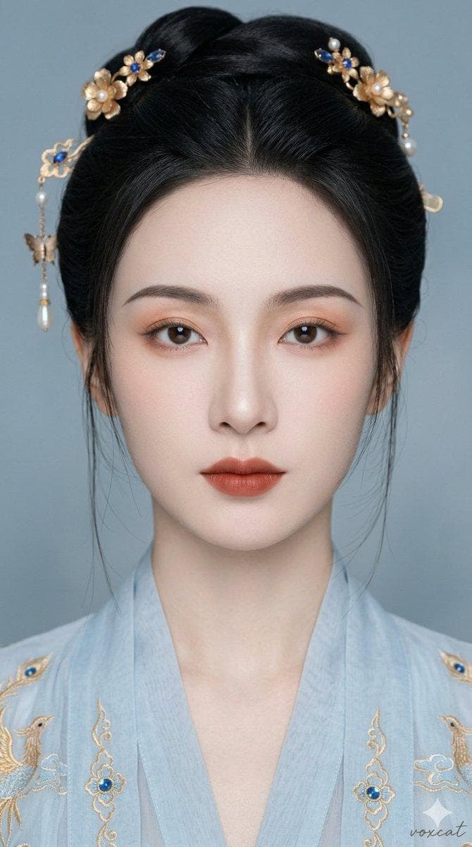 东方古风清雅女性正面肖像，超近景贴脸特写，人物正面面对镜头，头部端正，视线直视镜头，脸部几乎充满画面，构图集中，双眼位于视觉中心，整体呈现强烈的人脸主导感。 人物气质清雅、端庄、疏离、含蓄，像高门贵女、仙门弟子、带距离感的古典仕女，安静中带一种不容轻犯的从容。整体观感干净、精致、高级，不做甜美活泼感，不做冷艳危险感，不做现代时尚感。 脸型为窄长鹅蛋脸，脸宽较窄，纵向比例偏长，面中舒展，整体轮廓收紧修长，面部留白适中。额头中等偏高，发际线整齐、轮廓饱满流畅。太阳穴平顺微内收但不凹陷，颧弓不外扩，苹果肌轻微平整，不做甜感饱满苹果肌，面中过渡平整流畅，鼻基底适中，法令区干净。下颌线柔和但走向清晰，下颌角弱化，下巴中等长度偏尖，收口利落精致，骨相轻薄修长，上镜感强。 五官精致古典。眉毛为深棕色自然弯眉，眉形柔弧流畅，眉峰轻微自然，眉尾细而下收，眉眼距离适中偏宽，整体呈现古典温柔感。眼睛为细长杏眼偏凤眼感，双眼对称，眼裂偏长，纵向开合中等偏窄，内眼角略尖清晰，外眼角向外轻微上挑，上眼皮薄而干净，双眼皮窄自然，下眼睑存在感清晰，卧蚕轻微精致不膨胀。眼神直视镜头，目光安静、清澈、疏离、端庄，带轻微不可接近感，不做甜妹无辜感，不做冷艳攻击感。睫毛纤长自然，上睫毛柔和拉长，下睫毛纤细分明，不做夸张浓密效果。鼻子为高挺秀气鼻，山根中等偏高自然顺接额头，鼻梁细直干净，鼻背平整挺拔，鼻头小巧精致微圆，鼻尖轻收，鼻翼窄，鼻孔不外露，中轴稳定，东方精致感，不做夸张欧美高挺鼻。嘴唇为中等厚度唇，唇峰清晰柔和，上唇中等，下唇微饱满，唇形端庄古典，嘴角自然平直，不做甜美嘟唇，不做大笑表情。 皮肤为冷白瓷感肤色，白皙通透匀净，底妆为高完成度瓷感底妆，肤质统一干净，细腻柔滑如上釉瓷器，带高级精修感。面中、鼻梁、鼻尖、眼下有轻微提亮，高光克制细腻，不做韩系油亮水光肌。面部轮廓修容精细但克制，鼻侧影自然，颧侧轻微收紧，下颌修容干净，立体度来自柔和明暗关系而不是夸张硬阴影。 妆容为古风仕女感精致妆容，明确带妆，妆感温暖古典。眼妆以暖橘棕、柔和赤茶、浅珊瑚为主色调，上眼影从睫毛根部向上柔和晕染，色彩干净通透，内眼线轻微填满，外眼线纤细柔和向外轻微拉长，眼尾上扬幅度极克制，下眼睑后半段极轻微暖橘晕染，下睫毛纤细分明，卧蚕以窄面积柔和提亮呈现，不做甜妹膨胀卧蚕。眉妆自然克制，色调与发色协调。腮红为柔和暖杏橘色，位置偏面中偏高，存在感低，自然融入肤色。唇妆为中饱和暖红棕、柔和赤茶调，中心略深边缘柔化，唇面保留轻微质感，整体妆容温暖古典、清雅内敛。 发型为黑色盘发古风发髻，发缝自然偏分，发质顺滑，发量适中偏多，头顶盘成精致高髻，两侧有少量碎发自然垂落修饰脸型，额前轻微碎发但不遮挡眉眼主体。发顶轮廓干净圆润。可搭配低调古风发饰，如蓝宝石花簪、金丝蝶饰、小型珠坠流苏，风格雅致精致，不夸张不繁重，与衣饰色调统一。…