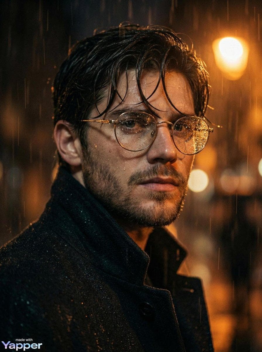Cinematic close-up portrait of a young man standing in heavy rain at night, wearing round metal glasses and a dark coat, wet hair falling across his forehead, light stubble beard. Raindrops clinging to his glasses and skin, dramatic moody lighting with warm orange streetlight bokeh in the background, shallow depth of field, intense contemplative expression, gritty noir…