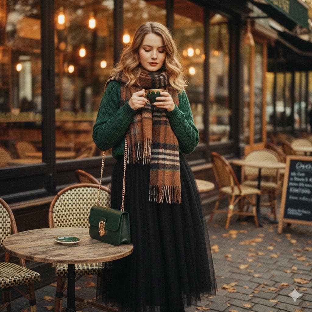 A cinematic 1970s-inspired fashion portrait of a graceful young woman seated on worn stone steps outside a cozy street café. She holds an ornate deep-green ceramic coffee cup with delicate gold rim accents, gently resting it in her hands as she gazes softly toward the camera with calm confidence. Her expression feels serene, thoughtful, and timeless. Her hair falls in soft, natural waves with loose strands framing her face, styled in a classic vintage manner. Makeup reflects 1970s elegance: matte crimson-red lips, subtle winged eyeliner, warm-toned blush, and softly defined brows. She wears a luxurious forest-green knitted sweater with a relaxed fit, paired with a flowing black tulle skirt that moves lightly with the air. A warm plaid scarf in earthy browns, burnt orange, and muted reds is draped casually around her neck. Beside her rests a premium dark-green leather crossbody bag with gold filigree…
