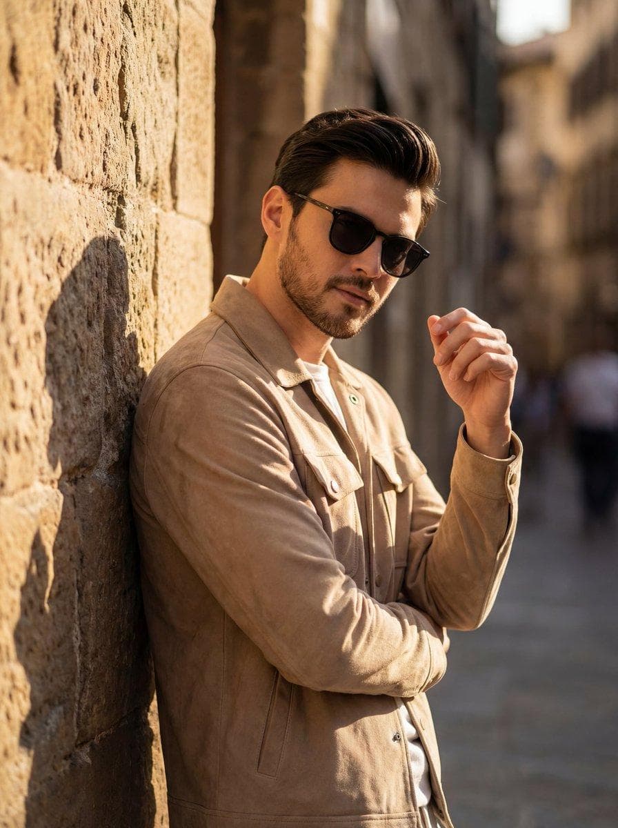 A cinematic golden hour portrait of a stylish man leaning against a textured stone wall, wearing dark sunglasses, a beige suede jacket with large front pockets, and a white crew-neck shirt underneath, warm sunlight casting sharp shadows across the wall, soft natural beard, well-groomed dark hair styled back, confident relaxed pose with one hand raised near his face, warm earthy color palette, strong side lighting, high…