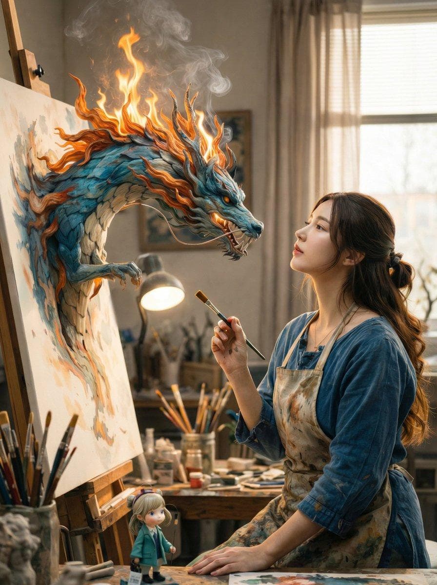 A cinematic fantasy scene inside a cozy artist’s studio. A young female painter wearing a paint-stained apron sits at an easel, holding a brush mid-air, gazing calmly at her canvas. From the canvas, a majestic Eastern-style dragon emerges in three dimensions, its scales painted in deep teal and blue hues, with flowing fiery orange flames along its mane and head, smoke curling upward. The dragon appears alive yet artistic, as if formed from brushstrokes and paint. Soft natural daylight filters through a window with sheer curtains, illuminating jars of brushes, paints, and art…