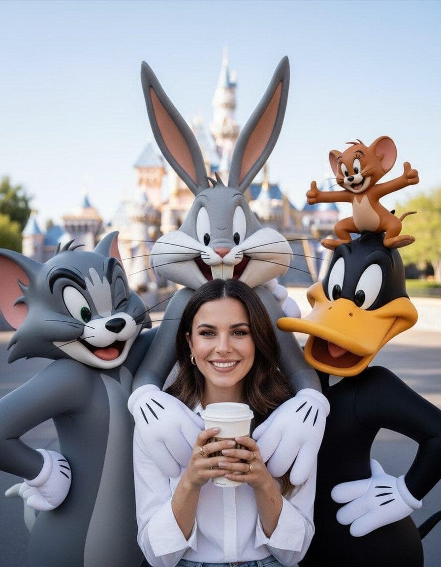 { "Objective": "Create a cheerful lifestyle portrait set in a magical theme park with joyful mascot characters", "PersonaDetails": { "PrimarySubject": { "Type": "Young woman", "Pose": "Standing relaxed, holding a takeaway coffee cup with both hands", "Expression": "Warm smile, cheerful and relaxed", "Style": "Casual lifestyle look" }, "MascotCharacters": [ { "Type": "Tall grey rabbit mascot", "Interaction": "Hugging the woman from behind", "Emotion": "Joyful, playful" }, { "Type": "Grey cat mascot", "Position": "Standing at her side", "Emotion": "Friendly, happy" }, { "Type": "Black duck mascot", "Position": "Standing on the opposite side", "Emotion": "Playful and welcoming" }, { "Type": "Small brown mouse mascot", "Position": "Playfully posing above the group", "Emotion": "Energetic and mischievous" } ] }, "SceneDescription": { "Location": "Famous theme park", "Background": { "Landmark": "Fairytale castle", "Treatment": "Softly blurred for depth" }, "Environment": "Open plaza with a lively, family-friendly atmosphere" }, "Composition": { "Framing": "Medium lifestyle portrait", "Grouping": "Centered subject surrounded by characters", "DepthOfField": "Shallow depth of field", "Focus": "Sharp focus on faces with softly blurred background" }, "LightingAndColor": { "Lighting": "Bright natural daylight", "ColorPalette": "Vibrant, saturated yet balanced colors", "Highlights": "Soft, clean highlights enhancing cheerful mood" }, "ArtDirection": { "Style": "High realism blended with…