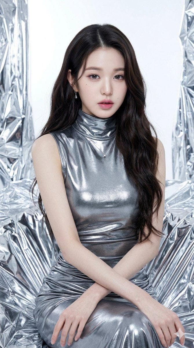 { "meta": { "image_quality": "High", "image_type": "Photo/Digital Render", "resolution_estimation": "1080x1920 (aspect ratio 9:16)" }, "global_context": { "scene_description": "Jang Wonyoung of IVE poses in a highly reflective, futuristic environment constructed entirely of crumpled silver metallic foil. She has her signature long, wavy dark hair and doll-like features, including her distinct beauty marks. She is wearing a matching sleeveless, high-neck metallic silver dress. The scene is bathed in bright, diffused white light.", "time_of_day": "Indeterminate/Studio lighting", "weather_atmosphere": "Clinical/Futuristic/Monochromatic", "lighting": { "source": "Artificial", "direction": "Omnidirectional/Diffused", "quality": "Soft but creating high-contrast reflections", "color_temp": "Neutral/Cool" } }, "color_palette": { "dominant_hex_estimates": ["#C0C0C0", "#E5E5E5", "#1A1A1A"], "accent_colors": ["Silver", "Chrome", "Dewy Skin Tone"], "contrast_level": "High" }, "composition": { "camera_angle": "Eye-level", "framing": "Medium-shot/Vertical", "depth_of_field": "Medium", "focal_point": "Jang Wonyoung's face and eyes" }, "objects": [ { "id": "obj_001", "label": "Jang Wonyoung", "category": "Person", "location": "Center foreground", "prominence": "Foreground", "visual_attributes": { "color": "Fair skin, dark espresso hair", "texture": "Dewy glass skin, silky hair, metallic clothing", "material": "Skin/Hair/Fabric", "state": "Posed", "dimensions_relative": "Dominates vertical center" }, "micro_details": [ "Signature symmetrical beauty marks", "Plump gradient pink lips", "Small silver drop earring on left ear", "Thin silver necklace with a small pendant"…