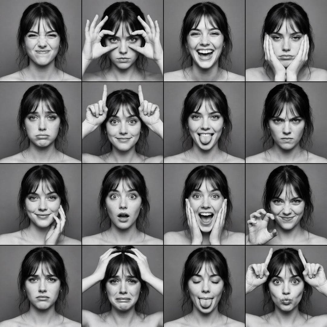 { "generation_request": { "meta_data": { "task_type": "black_and_white_photobooth_expression_grid_4x4", "language": "en", "priority": "highest", "version": "v1.0_BW_PHOTOBOOTH_EXPRESSIONS_4X4" }, "input": { "mode": "image_to_image", "reference_image_usage": "very_high", "preserve_identity": true, "preserve_facial_features": true, "preserve_hairstyle": true, "notes": "Use the reference as the primary anchor. Create a black-and-white photobooth-style expression grid. Keep the same adult woman identity and hair. Each panel should show a different facial expression. Minimal background, direct photobooth flash look, natural skin texture." }, "output": { "aspect_ratio": "1:1", "resolution": "ultra_high", "num_images": 1, "layout": { "type": "grid", "rows": 4, "cols": 4, "gutter": "thin", "panel_consistency": "high" }, "sharpness": "crisp_photobooth", "grain": "subtle_analog_bw" }, "scene": { "concept": "classic photobooth contact sheet with expressive faces", "environment": "plain neutral backdrop, no props", "lighting": { "style": "direct photobooth flash", "key_light": "front flash, slightly hard but flattering", "shadows": "soft short shadows behind subject", "avoid": "cinematic side light, dramatic backgrounds" }, "camera": { "lens": "50mm", "distance": "tight head-and-shoulders framing", "focus": "eyes sharp in every panel" } }, "subject": { "type": "adult woman", "wardrobe": "simple strapless or bare-shoulder photobooth look (no logos)", "hair": "keep same hairstyle across all panels", "makeup": "minimal, natural", "anatomy_rules": "correct facial proportions, no warped eyes/mouth" }, "expression_set": { "panel_01": "scrunched smile, eyes squeezed slightly", "panel_02": "intense stare with fingers framing eyes", "panel_03": "big laugh, mouth open, joyful", "panel_04": "bored / unimpressed face, chin in hands", "panel_05": "sad pout, watery eyes look", "panel_06": "goofy face with both hands making small horns above head", "panel_07": "playful tongue out, cheeky grin", "panel_08": "angry glare, eyebrows down", "panel_09": "flirty look, hand touching cheek"…