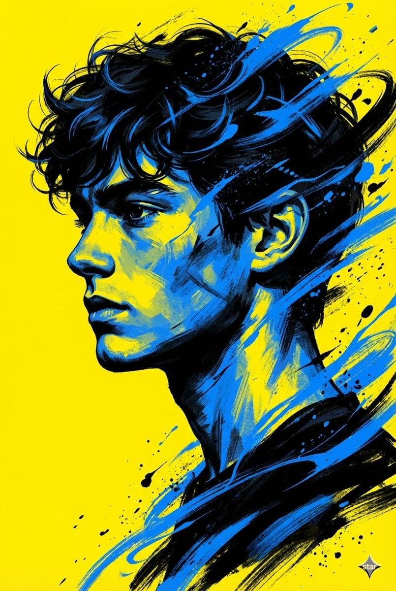A bold, high contrast digital portrait of a young man in side profile, facing left. The style is expressive and painterly, with dynamic brush strokes and paint splashes flowing from the head and shoulders, creating a sense of motion and energy. Strong black shadows define the face, with sharp highlights for depth and drama. The background is a solid vibrant yellow, minimal and striking. Accents of deep blue and black paint strokes wrap around the…