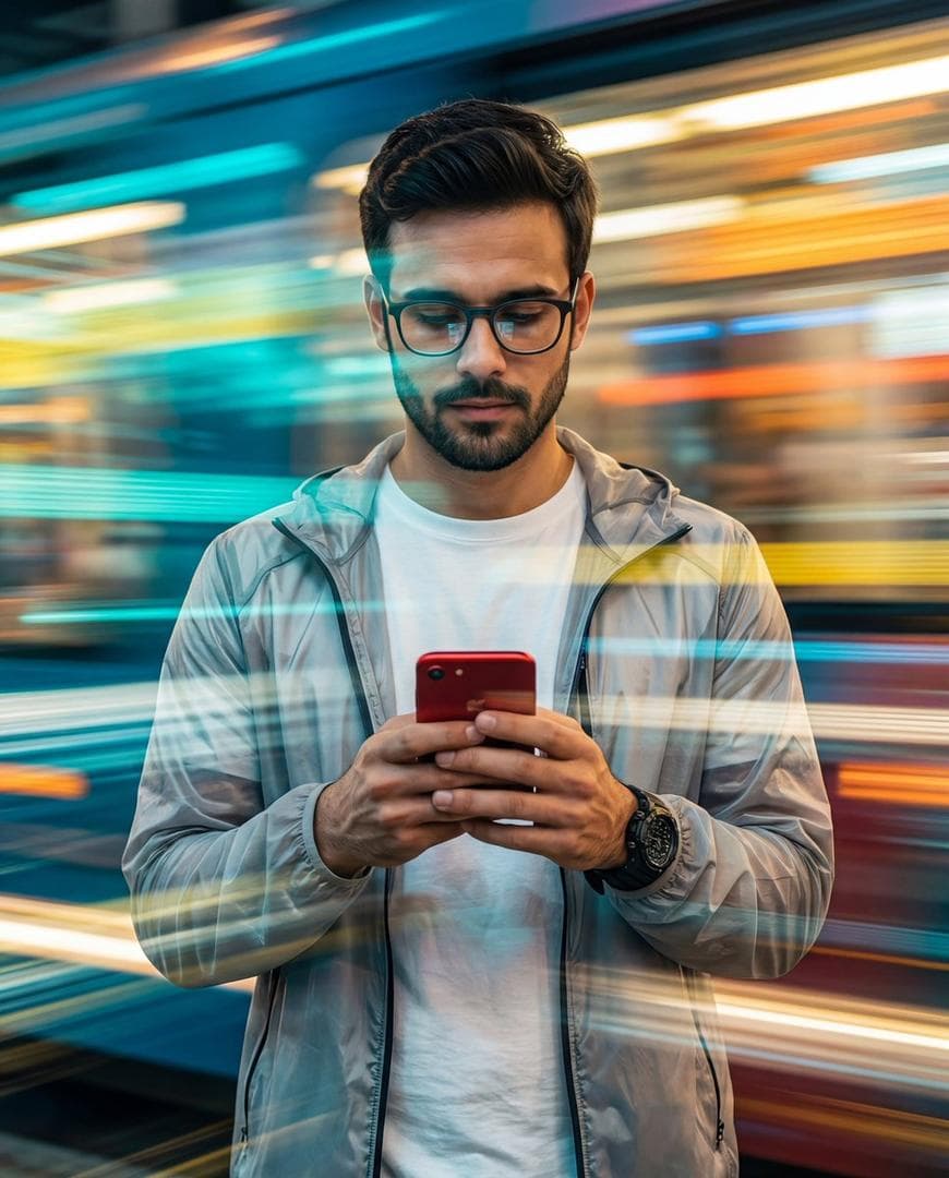 Generate an image of a man in the uploaded image in which the entire scene is layered with heavy, horizontal motion-blur streaks in shades of teal, yellow, and white, creating a "speed-light" effect. These colorful blurs must appear both behind the man and superimposed over his body and face, behaving like reflections on a glass mirror. A medium shot of a man standing perfectly still in the center of a frame, looking down at a red smartphone held with both hands. He is wearing a white t-shirt under a translucent, light gray windbreaker jacket and a dark wristwatch. The background is a chaotic, vibrant blur of horizontal light trails in colors of neon blue, orange, yellow, and white, suggesting a high-speed train or city traffic. Crucially, these colorful motion-blurred light…