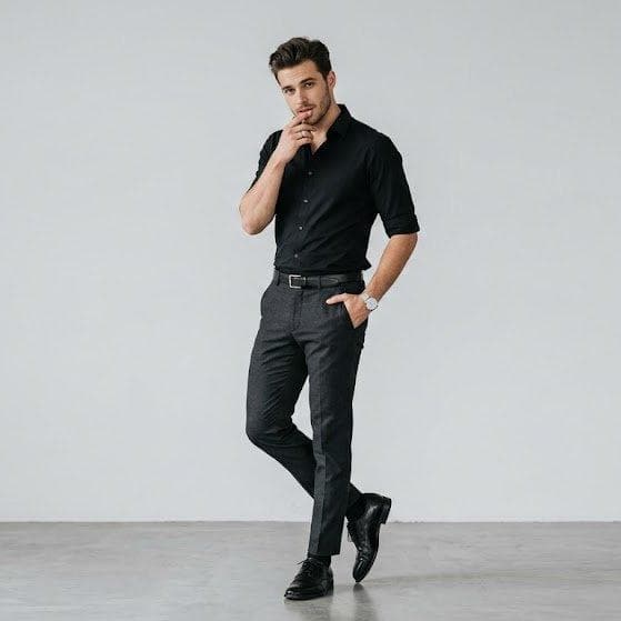 Full-body portrait of a stylish young man standing against a plain light gray background, wearing a fitted black button-up shirt with sleeves rolled up, dark gray slim-fit trousers, and black polished dress shoes. He is posing casually with one hand in his pocket and the other hand near his mouth, slightly lifting one leg. The lighting is soft and…