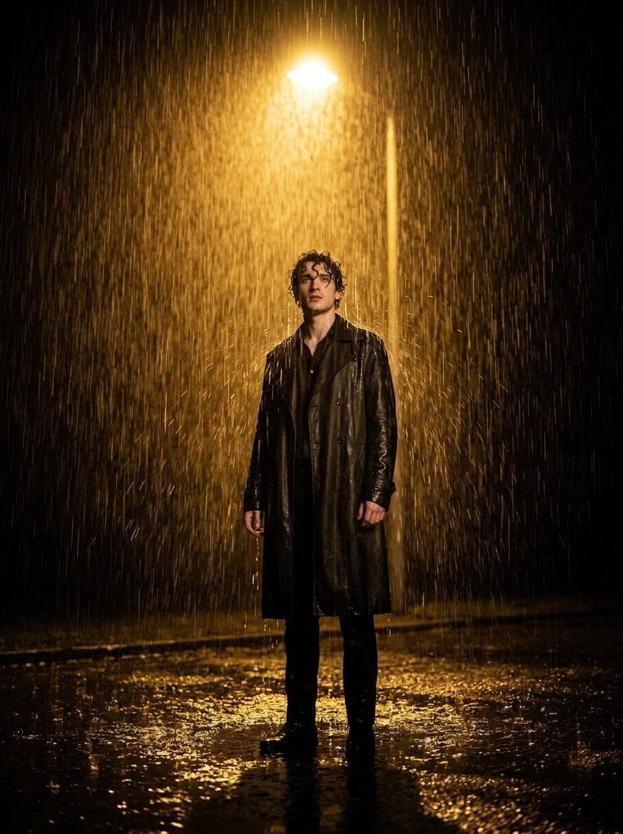 Create a highly cinematic, realistic photo of a person using the face from the uploaded image. The person is standing alone under a single streetlight at night in heavy rain. The rain is pouring down dramatically, with visible droplets and water splashing on the ground. The streetlight casts a strong golden glow, lighting only the person while the surroundings fade into darkness. The ground is wet and reflective, creating beautiful reflections of the light. The camera angle is slightly low and centered, giving a powerful, movie-like look. The person is wearing a dark stylish outfit like a…