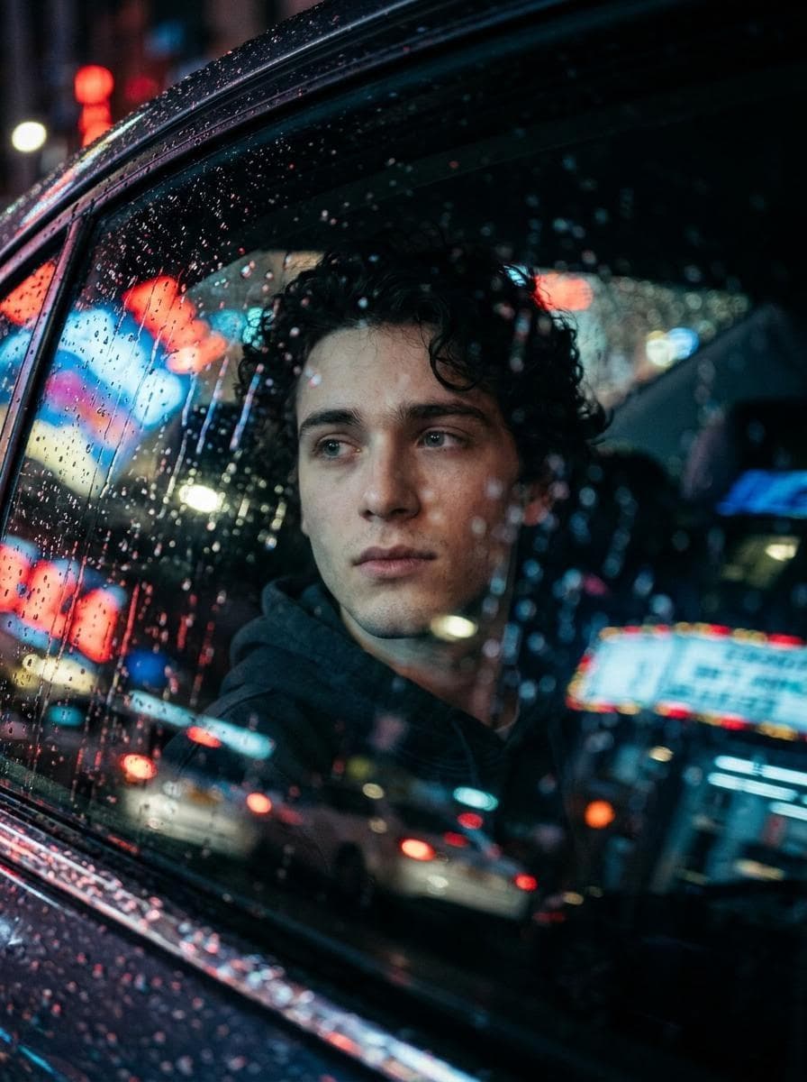 Create a highly cinematic and realistic photo of a person using the face from the uploaded image. The person is sitting inside a car at night, looking out through a rain-covered window. The camera is positioned outside the car, capturing the person through the wet glass. Raindrops and streaks of water are clearly visible on the window, with reflections of city lights, neon signs, and passing cars blending into the glass. The person’s face is softly lit by ambient street lights and subtle interior car lighting, creating a moody and emotional expression. The background outside is blurred with colorful bokeh lights (red, blue, yellow)…