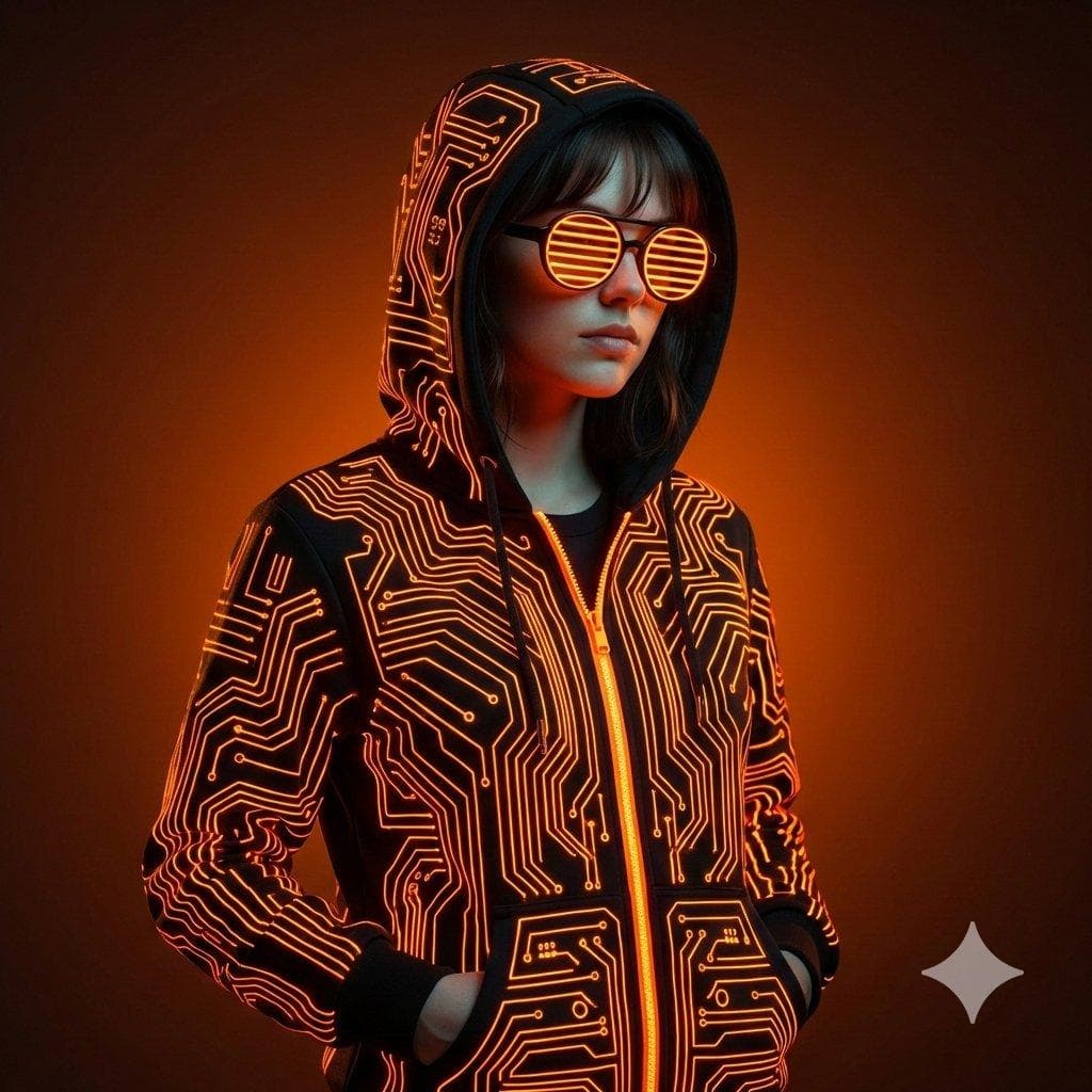 Ultra-realistic cinematic studio portrait using provided person only. Subject wears black cyberpunk hoodie fully covered in bright glowing neon-orange circuit lines and illuminated zipper, hood up, hands in pockets, three-quarter pose facing right, head slightly down. Round shutter glasses with…