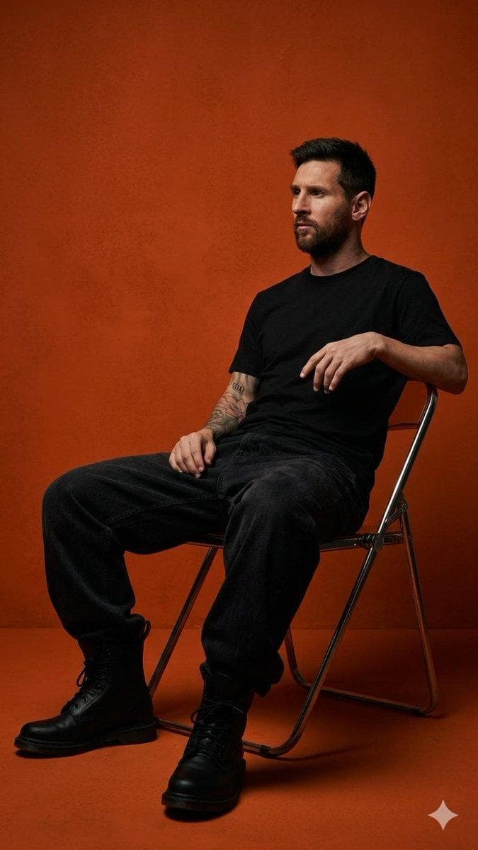 Use model (the person in the image) you create a dark orange studio photo featuring a young man sitting casually on a metal folding chair with his legs cross. He's wearing a denim black baggy jeans, black t-shirt and black boots. The lightning is soft and minimal, producing sharp shadows and a moody…