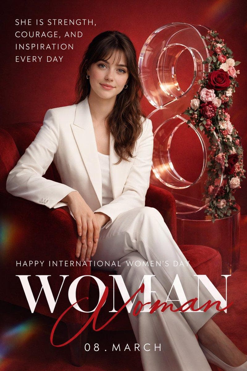 Create a high-end promotional poster for International Women's Day, designed as a luxury editorial campaign seamlessly blending photorealistic studio photography with sophisticated modern graphic design. Identity Matching (Critical): Strictly reference the uploaded image for precise face and identity matching. Preserve the exact facial structure, proportions, skin tone, hairstyle, and natural expression with full fidelity — the subject must remain clearly and unmistakably recognizable throughout. Composition & Framing: Vertical 4:5 poster format. Three-quarter seated portrait with mid-thigh framing, subject occupying 30–40% of the frame. Subject is positioned slightly left of center, creating intentional visual breathing room on the right for the sculptural element. Editorial balance is paramount. Subject & Pose: A confident woman with natural wavy hair cascading over one shoulder with soft studio shine. She sits upright yet relaxed in a modern plush red velvet armchair angled slightly toward camera — right leg crossed over left, hands resting softly on her knee, fingers elegant and relaxed. Shoulders are open and confident. Head tilted gently toward camera with a warm, natural smile conveying strength and inspiration. She wears a minimalist tailored white pantsuit — structured blazer, matching trousers, and a clean white blouse beneath — creating bold contrast against the red environment. Symbolic Element: Behind and slightly right of the subject stands a large transparent acrylic/glass sculpture in the shape of the number "8" (referencing March 8th), nearly matching the subject's seated height. The structure features clean reflective edges with soft studio highlights emphasizing its transparency. Lush floral arrangements cascade organically along its curves — deep red roses, soft pink peonies, delicate light pink blossoms, and natural green leaves — clustered naturally toward the middle and lower sections of the numeral. Background: Rich monochromatic red studio environment. Wall and floor merge into a seamless smooth red gradient backdrop with a subtle floor reflection anchoring the composition. The red velvet chair blends into the environment while remaining distinct through lighting and fabric texture. Typography: Elegant, modern poster typography integrated into the layout — Top left: Clean uppercase white sans-serif text: "SHE IS STRENGTH, / COURAGE, AND / INSPIRATION / EVERY DAY" Lower section: Small…
