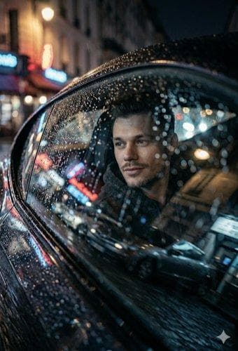 A low-angle, cinematic close-up shot looking through a rain-slicked car window. Inside the car, a contemplative man with short dark hair and slight stubble is visible, looking out toward the city. The focus is sharp on the water droplets clinging to the glass, while the man and the background are slightly softer. ​Setting & Atmosphere: A bustling European city street at night during a rainstorm. The atmosphere is melancholic yet cozy. In the reflection of the car door and window, blurred city lights, glowing neon shop signs (blues and reds), and the outlines of historical architecture are visible. ​Lighting & Color: * Lighting: Naturalistic night lighting provided by street lamps and neon signs, creating a cool blue and…