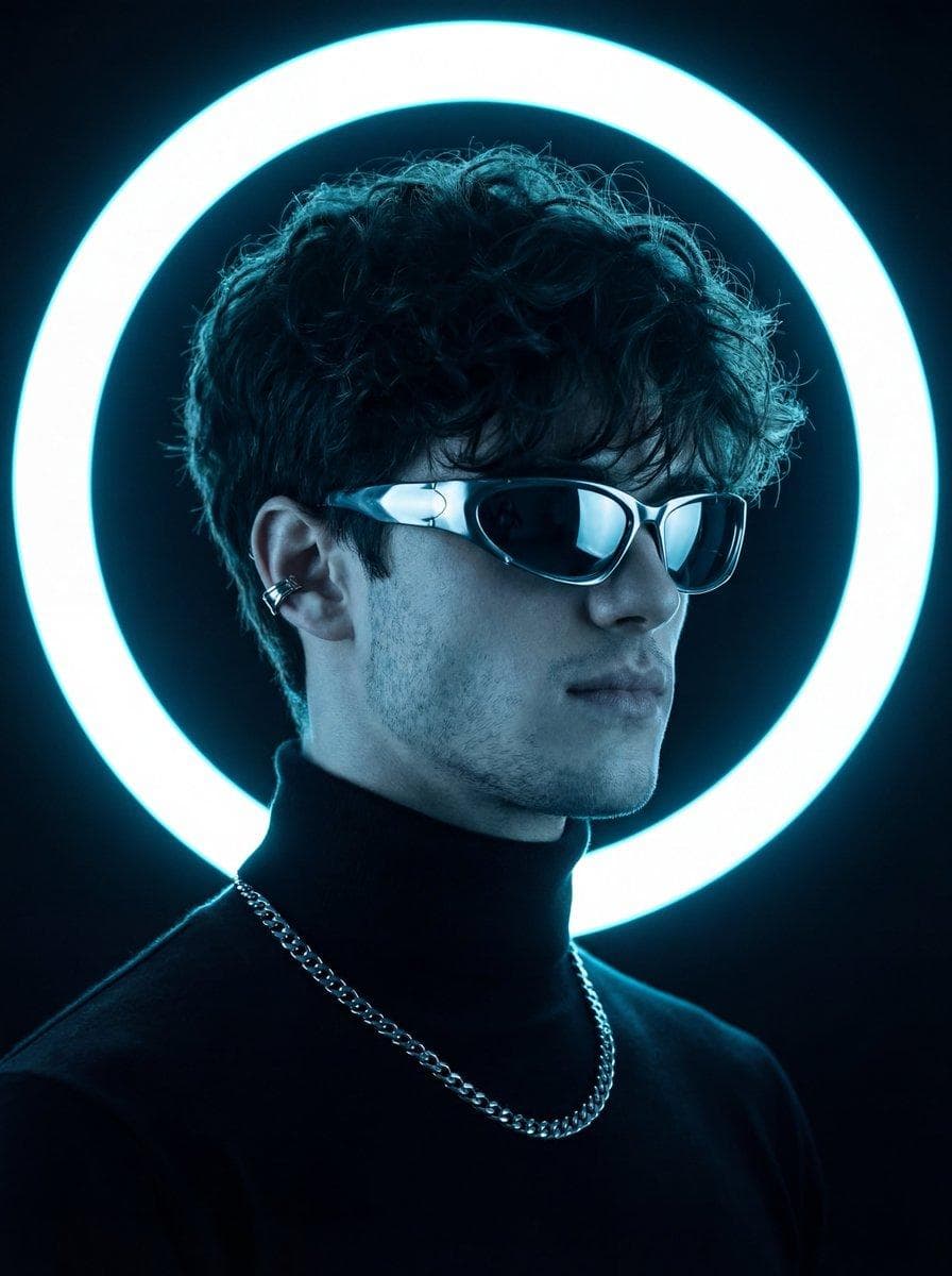 captured in a dark studio environment with a strong minimalist and futuristic aesthetic. The subject is posed in three-quarter profile, wearing dark clothing such as a black turtleneck and metallic accessories, with reflective sunglasses that catch the ambient light. A circular neon light positioned directly behind the subject creates a luminous halo effect, producing precise rim highlights along the head and shoulders. The lighting is cool and monochromatic…