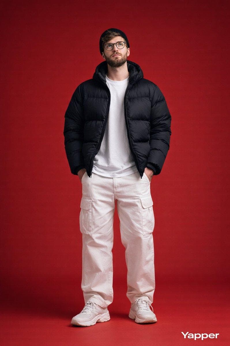 Ultra-realistic full-body studio fashion portrait of a stylish young man standing confidently, looking slightly upward. He wears a black puffer jacket, white t-shirt, loose white cargo pants, and chunky white sneakers. Accessories include round clear glasses and a black knit beanie. Hands in pockets, relaxed confident…