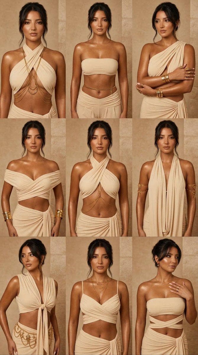 { "generation_request": { "meta_data": { "tool": "NanoBanana Pro", "task_type": "fashion_variation_grid_9panel", "language": "en", "priority": "highest", "version": "v1.0_GOLDEN_GODDESS_JEWELRY_9GRID" }, "input": { "mode": "text_to_image", "notes": "Create a 3x3 high-fashion goddess editorial grid featuring the same elegant woman with luxurious gold body jewelry and draped styling." }, "output_settings": { "aspect_ratio": "4:5", "orientation": "portrait", "resolution_target": "ultra_high_res", "num_images": 1, "layout": { "type": "grid", "rows": 3, "cols": 3, "gutter": "thin", "outer_border": "none", "panel_consistency": "very_high" }, "render_style": "golden_goddess_editorial", "sharpness": "editorial_crisp", "grain": "subtle_clean" }, "scene": { "environment": "warm sand-toned luxury studio with subtle stone texture", "lighting": "golden diffused light with bronzed highlights on skin and jewelry", "mood": "divine, radiant, regal, sensual" }, "subject": { "description": "same elegant adult woman across all 9 panels", "face": "same identity in all panels, calm regal expression", "skin": "sunlit bronzed luminous skin texture", "hair": "soft dark hair styled loosely back with glowing face-framing strands", "makeup": "gold-bronze eyelids, subtle liner, luminous skin, glossy nude lips", "expression": "serene, elevated, goddess-like" }, "wardrobe": { "top": "soft ivory or sand draped wrap tops with goddess-inspired constructions", "bottom": "flowing low-rise draped bottoms", "accessories": "dramatic gold cuff bracelets, layered gold body chains, gold waist jewelry, delicate rings", "styling": "ancient goddess meets modern couture" }, "composition_rules": { "face_visibility": "mandatory in all 9 panels", "framing": "mid-length to upper-thigh framing", "identity_consistency": "same woman in every panel" }, "panel_design": { "panel_1": "front portrait with crossed halter drape and gold chest jewelry", "panel_2": "front portrait with bandeau drape and gold waist chain", "panel_3": "three-quarter portrait with one-shoulder drape and layered gold accessories", "panel_4": "front portrait with off-shoulder draped wrap and stacked gold cuffs", "panel_5": "front…