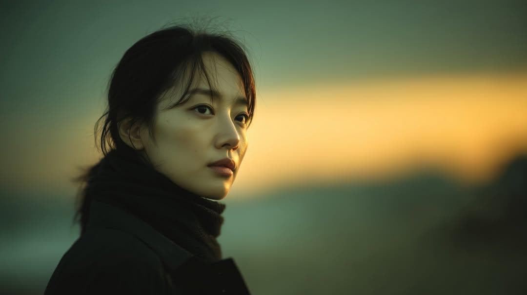 Photorealistic cinematic portrait of a young East Asian woman standing outdoors at sunset, side-profile close-up, looking thoughtfully into the distance. Soft golden hour lighting illuminating one side of her face, warm orange and teal color grading. She wears a black coat and dark scarf, hair loosely tied back with soft natural strands around her face. Natural skin texture, realistic facial details, minimal makeup. Shallow depth of field with blurred landscape background, smooth bokeh…