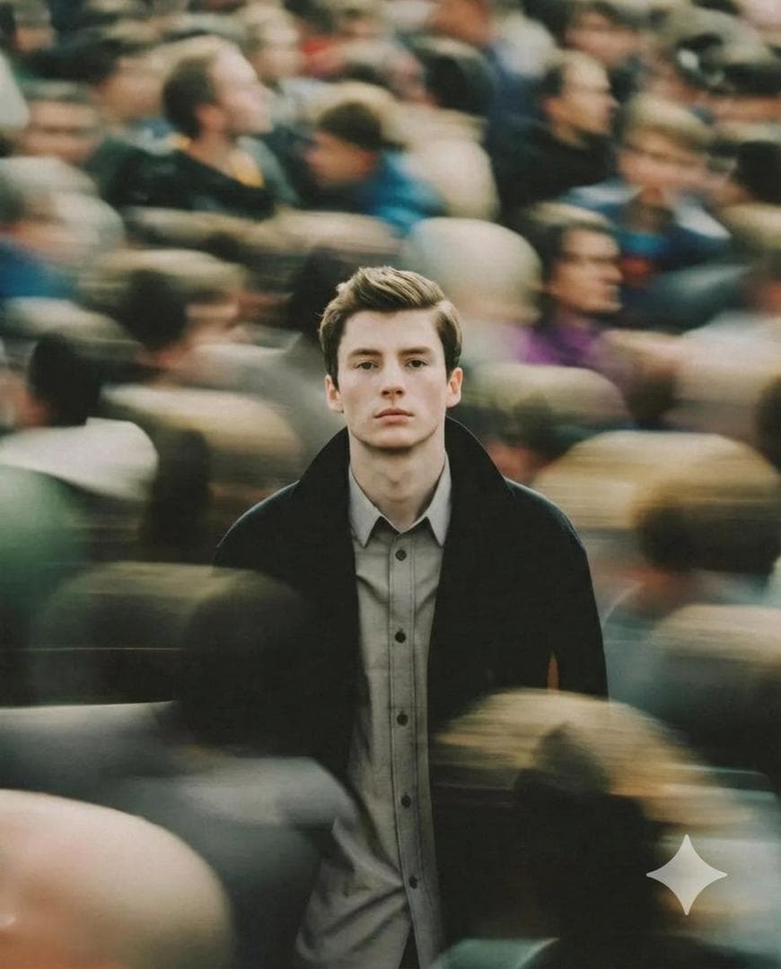 A cinematic portrait of a young man standing still in the middle of a busy crowd, sharp focus on the subject while people around him are heavily motion blurred, creating a dynamic sense of movement. The subject has a calm, serious expression, wearing a dark coat over a minimal outfit. Shot in a crowded urban environment, natural soft lighting, shallow depth of…