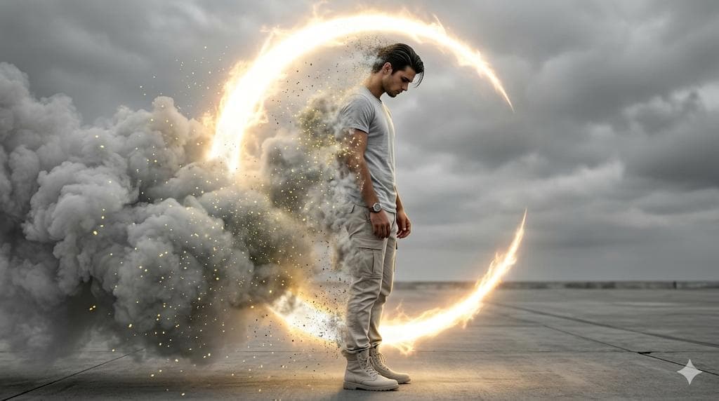 Create an ultra-realistic, cinematic 8K image with high-contrast dramatic lighting and a photo-real digital painting aesthetic-use face reference exactly. The man is shown in a full-body side profile facing right, his face and hairstyle copied perfectly with no alterations He wears modern casual streetwear; a light grey crewneck t-shirt, light neutral cargo pants, light-colored high-top boots, and a watch on his left wrist. His posture is slightly slumped, head bowed, eyes looking downward, hands relaxed at his sides, conveying deep introspection and sorrow. Nearly half of his body is dissolving into extremely thick, cloud-like grey smoke filled with glowing yellow dust particles. His left arm, shoulder, torso, legs, and part of his hair become transparent as they break into luminous particles, suggesting active disintegration Behind and partially surrounding him is a massive glowing crescent (C-shaped) energy aura, emitting fiery golden-white plasma…
