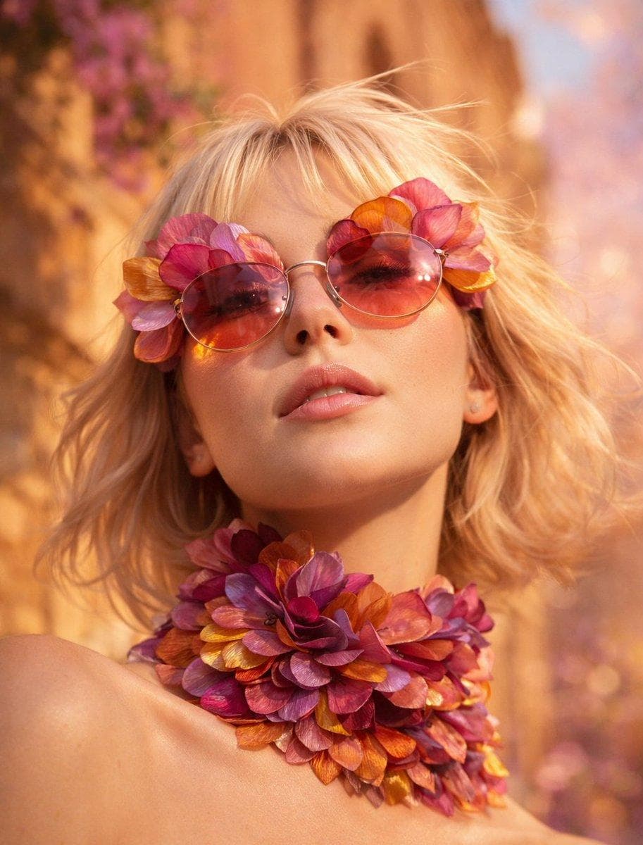 Low-angle close-up portrait of a platinum blonde woman wearing oversized sculptural sunglasses crafted from delicate translucent layered flower petals in vibrant magenta, amber, and lilac hues, subtle silk texture visible in each petal with soft golden light passing through the edges, an extravagant couture choker necklace constructed from densely layered matching petals wrapping seamlessly around her entire neck with dimensional depth and organic curvature, her chin slightly lifted with a confident sculpted jawline, subtle freckles dusted across the bridge of her nose, naturally hydrated glossy lips with a soft highlight along the cupid’s bow, fine platinum hair strands gently lifted by a warm breeze with delicate motion at the ends, standing against a softly textured architectural backdrop of warm terracotta walls washed in golden sunset light with cascading lilac bougainvillea and amber-toned stone details, background melting into creamy magenta and lavender bokeh with soft atmospheric glow, rich golden hour sunlight illuminating her face evenly with gentle shadow contouring, warm reflected light from terracotta surfaces enhancing skin luminosity, faint rim light outlining her hair and shoulders, ultra-photorealistic high-fashion…