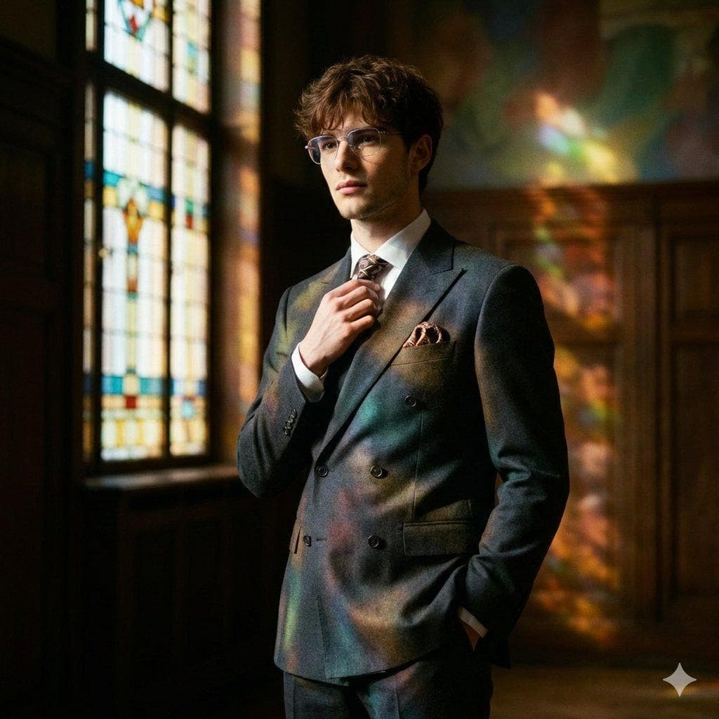Shot on a Hasselblad 907X 50C with an XCD 90mm f/2.5 lens, aperture f/2.8 shallow depth of field emphasizes the precision fit of the suit while the background dissolves into painterly color patches; captured in 16-bit RAW with high dynamic range and soft film grain to preserve wool texture and the glow of colored light without "harsh" digital sharpness. Frame a tight portrait cropped to mid-chest, at eye level, with a slight three-quarter turn; the model is offset from center so the stained-glass pattern reads in the negative space. The pose is calm and composed: shoulders open, posture confident but without tension; one hand neatly adjusts the tie knot or collar line, the other is in the trouser pocket, slightly opening the jacket and revealing the layered styling. Expression restrained and thoughtful; the gaze passes just past the lens, as if distant music is playing. Outfit a man in a suit with a retro accent: a structured double-breasted wool blazer with sharp lapels, high-waisted pleated…