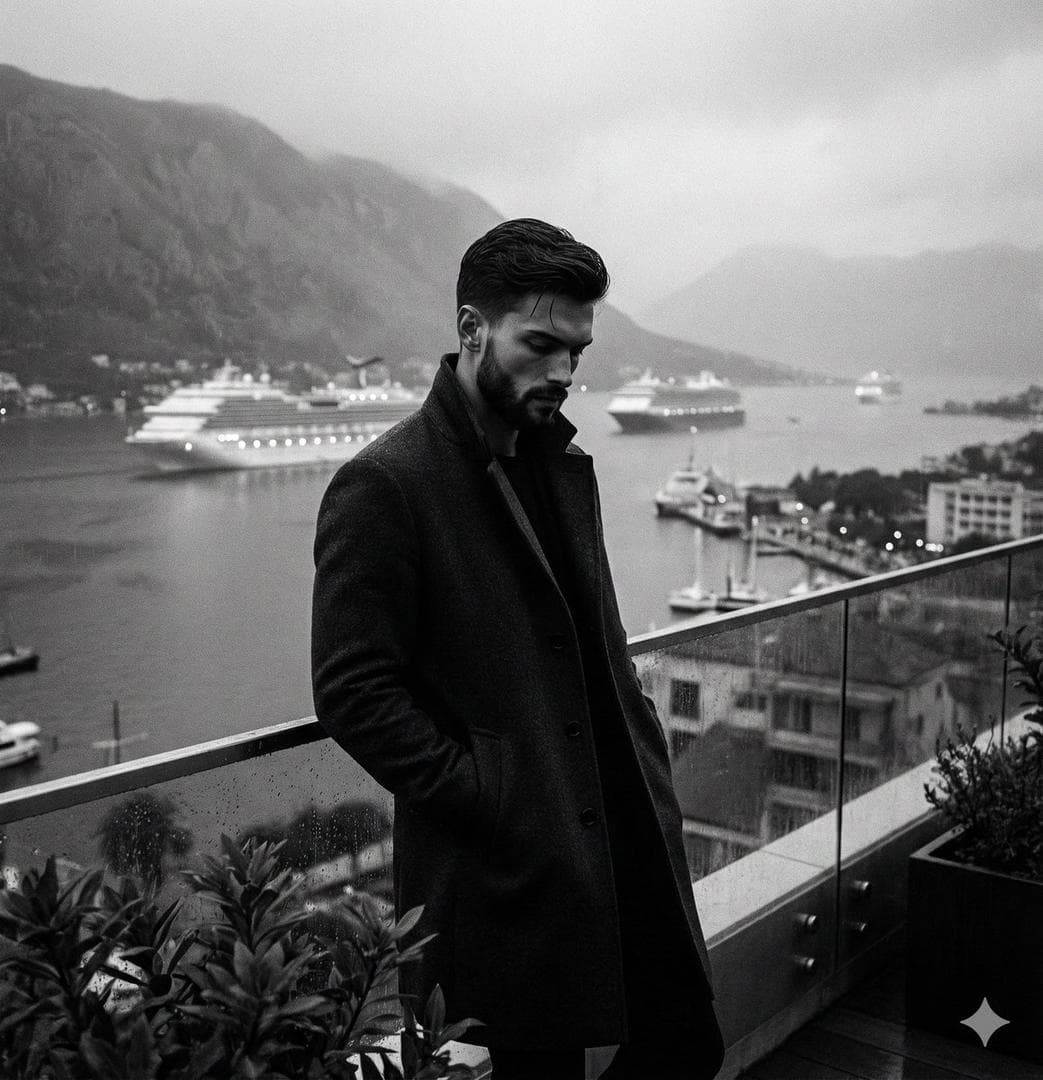 { "metadata": { "image_type": "photograph", "primary_purpose": "editorial" }, "composition": { "rule_applied": "rule of thirds", "aspect_ratio": "1:1", "layout": "layered", "focal_points": [ "Man in dark overcoat standing on the right side of the frame", "Illuminated cruise ships floating in the misty bay" ], "visual_hierarchy": "Eye starts on the dark, high-contrast figure of the man on the right, follows his downward gaze, then moves left across the glass railing to the textured plant, and finally drifts up to the illuminated ships and hazy mountains in the background", "balance": "asymmetric" }, "color_profile": { "dominant_colors": [ { "color": "Black", "hex": "#0D0D0D", "percentage": "25", "role": "primary subject and foreground silhouettes" }, { "color": "Mid Gray", "hex": "#808080", "percentage": "45", "role": "background bay, sky, and mountains" }, { "color": "Light Gray", "hex": "#D3D3D3", "percentage": "30", "role": "fog, sky highlights, and water reflections" } ], "color_palette": "monochromatic", "temperature": "cool", "saturation": "black and white", "contrast": "high contrast" }, "lighting": { "type": "natural window", "source_count": "single source", "direction": "diffused from above", "directionality": "diffused", "quality": "soft light", "intensity": "moody", "contrast_ratio": "high contrast (dramatic shadows)", "mood": "mysterious", "shadows": { "type": "soft gradual edges", "density": "deep black", "placement": "under subject, obscuring facial details and coat folds", "length": "short" }, "highlights": { "treatment": "subtle", "placement": "on the water surface, ship lights, and plant leaves" }, "ambient_fill": "present", "light_temperature": "neutral" }, "technical_specs": { "medium": "digital photography", "style": "realistic", "texture": "grainy", "sharpness": "slightly soft", "grain": "film grain", "depth_of_field": "deep", "perspective": "straight on" }, "artistic_elements": { "genre": "portrait", "influences": [ "Cinematic noir", "Melancholic travel photography" ], "mood": "calm", "atmosphere": "Quiet, contemplative, slightly melancholic morning or evening with heavy atmospheric mist", "visual_style": "minimal" }, "typography": { "present": false, "fonts": [], "placement": "none", "integration": "subtle" }, "subject_analysis": { "primary_subject": "A man wearing a long dark overcoat and dress shoes, looking downward in thought", "positioning": "right", "scale": "environmental", "interaction": "interacting with environment", "facial_expression": { "mouth": "closed smile", "smile_intensity": "no smile", "eyes": "looking away", "eyebrows": "neutral", "overall_emotion": "serious", "authenticity": "candid" }, "hands_and_gestures": { "left_hand": "in pocket", "right_hand": "in pocket", "finger_positions": "relaxed", "finger_interlacing": "none", "hand_tension": "relaxed", "interaction": "resting inside coat pockets", "naturalness": "organic casual gesture" }, "body_positioning": { "posture": "leaning", "angle": "45 degree turn", "weight_distribution": "leaning right", "shoulders": "relaxed" } }, "background": { "setting_type": "outdoor", "spatial_depth": "deep", "elements_detailed": [ { "item": "Glass balcony railing with metal handrail", "position": "center", "distance": "midground", "size": "dominant", "condition": "pristine", "specific_features": "Transparent panels running horizontally across the frame" }, { "item": "Potted leafy shrub", "position": "bottom left", "distance": "foreground", "size": "medium", "condition": "thriving", "specific_features": "Dense, small leaves catching subtle highlight reflections" }, { "item": "Smooth cylindrical planter pot", "position": "bottom right", "distance": "foreground", "size": "small", "condition": "pristine", "specific_features": "Minimalist matte finish, containing another plant" }, { "item": "Illuminated cruise ships", "position": "center", "distance": "background", "size": "small", "condition": "pristine", "specific_features": "Bright deck lights piercing through the fog" }, { "item": "Coastal mountains/hills", "position": "top", "distance": "background", "size": "dominant", "condition": "weathered", "specific_features": "Silhouetted and hazy due to thick atmospheric fog" } ], "wall_surface": { "material": "glass and metal", "surface_treatment": "smooth", "texture": "perfectly smooth"…