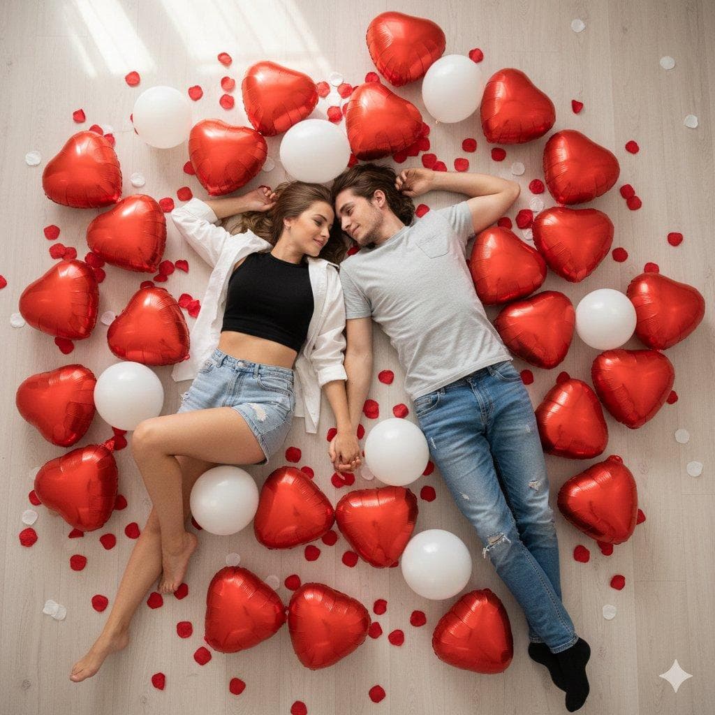 A hyper-realistic 8k high-angle overhead shot, captured with a wide-angle lens, presents a romantic scene of a couple lying on a light-colored wooden floor. The lighting is soft and natural, possibly from a window, creating gentle highlights on the balloons and subtle shadows on the floor, contributing to a cinematic atmosphere. The female subject, uploaded face as reference, is positioned on her back, wearing a black crop top, light blue denim shorts, and a white unbuttoned shirt draped over her. Her left arm is bent with her hand near her head, and her right arm is gently extended towards the male. The male subject, uploaded face as reference, is also on his back, wearing a light grey t-shirt and light blue distressed denim jeans. His left arm is bent, hand near the female's head, and his right arm is relaxed. They are lying close together, heads touching, looking into each other's eyes with soft, affectionate smiles. The entire…