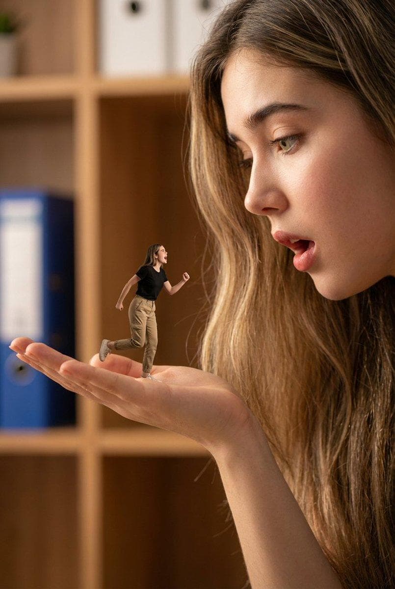 A hyper-realistic, 8k, high-fidelity photograph captured with a wide-angle lens and shallow depth of field, creating a dramatic forced perspective. The composition features a colossal human face and hand on the right side, filling the frame, with the hand extended palm-up towards the left. The giant person, with a full beard and mustache, has their mouth slightly agape in an expression of surprise or speech, looking down towards their palm. On the palm of this giant hand stands a miniature person, appearing tiny in comparison, wearing a black short-sleeved t-shirt and light khaki pants, with dark curly hair. This miniature figure is captured mid-action, with arms slightly bent and legs in a dynamic, running or reacting pose, also with an open mouth as if shouting or speaking. The background is an extremely blurred, warm-toned indoor setting, suggesting an…